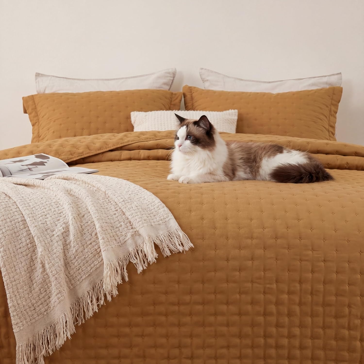 image:imageBedsure Quilts Queen Size Bedspread Thin Comforter Charcoal Coverlet AllSeason Bedding Soft Modern Clover Pattern StitchFree QuiltTech PetFriendly Machine Washable 90x96in 3 Pcs12 Honey Caramel Clover