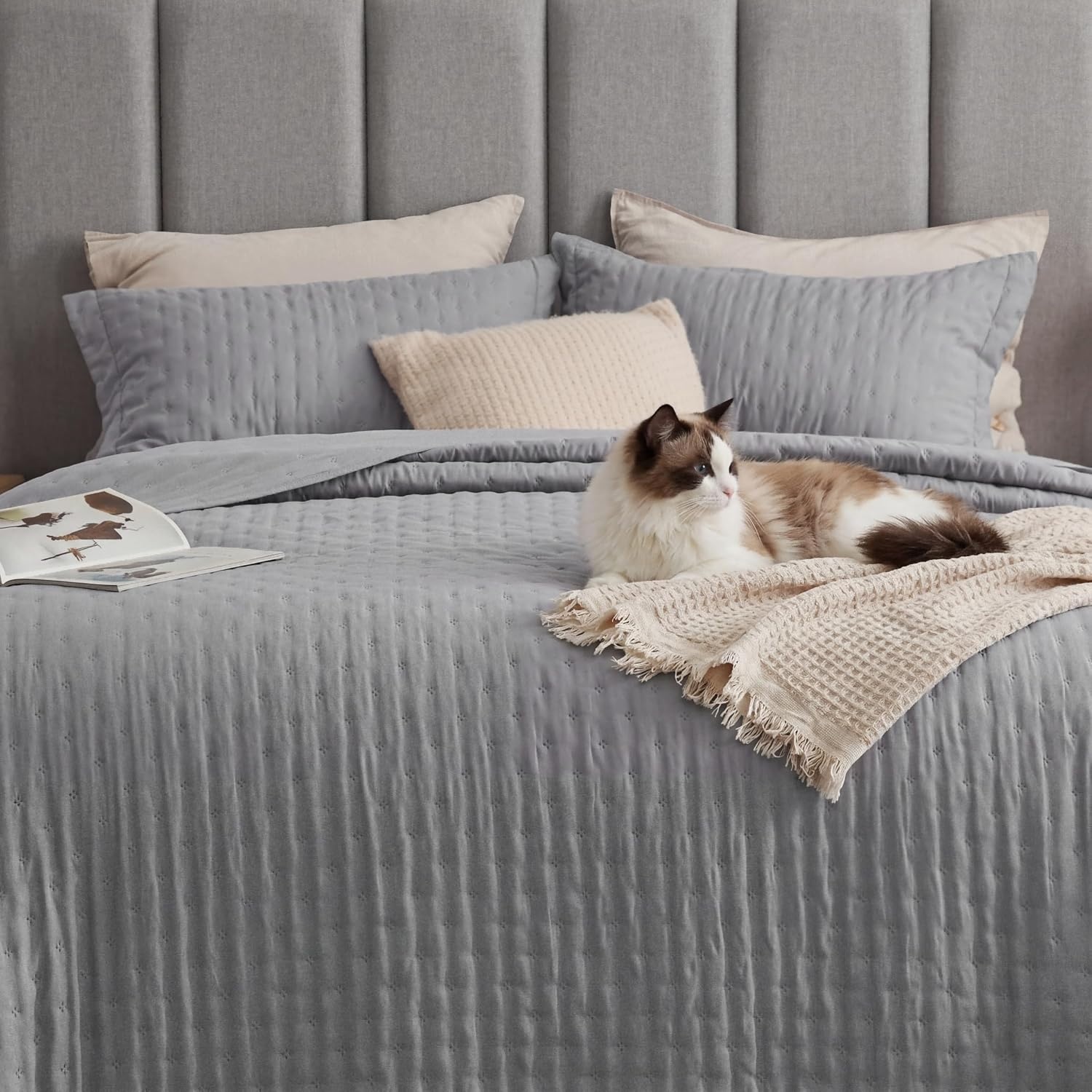 image:imageBedsure Quilts Queen Size Bedspread Thin Comforter Charcoal Coverlet AllSeason Bedding Soft Modern Clover Pattern StitchFree QuiltTech PetFriendly Machine Washable 90x96in 3 Pcs18 Grey Clover