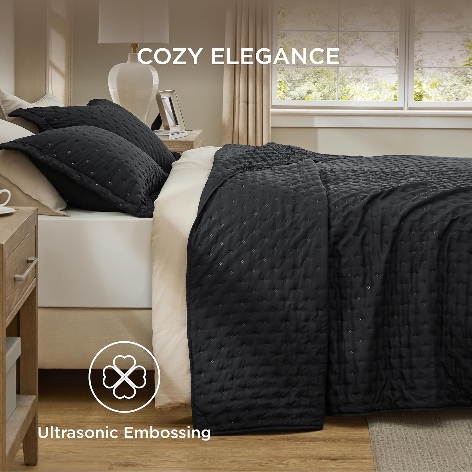 image:imageBedsure Quilts Queen Size Bedspread Thin Comforter Charcoal Coverlet AllSeason Bedding Soft Modern Clover Pattern StitchFree QuiltTech PetFriendly Machine Washable 90x96in 3 Pcs21 Black Clover
