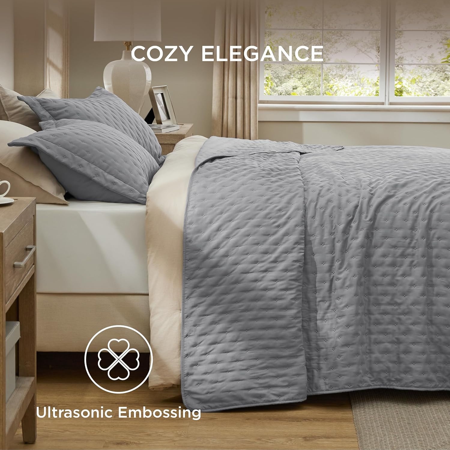 image:imageBedsure Quilts Queen Size Bedspread Thin Comforter Charcoal Coverlet AllSeason Bedding Soft Modern Clover Pattern StitchFree QuiltTech PetFriendly Machine Washable 90x96in 3 Pcs18 Grey Clover
