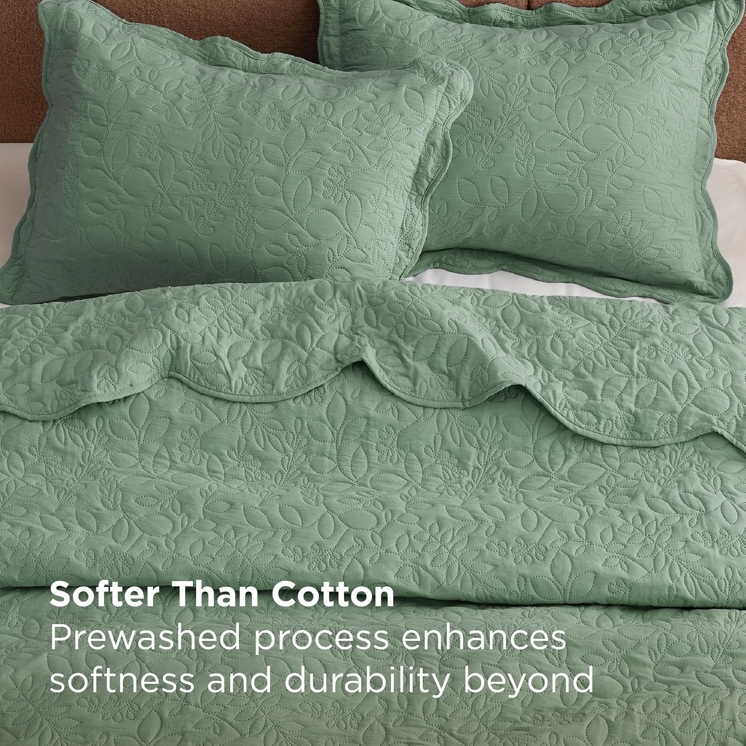 image:imageBedsure Quilts Queen Size Bedspread Thin Comforter Charcoal Coverlet AllSeason Bedding Soft Modern Clover Pattern StitchFree QuiltTech PetFriendly Machine Washable 90x96in 3 Pcs09 Sage Green Leaf