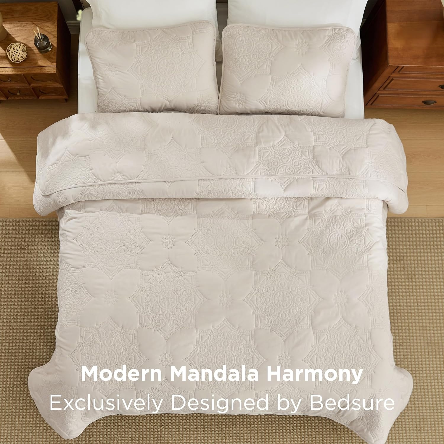 image:imageBedsure Quilts Queen Size Bedspread Thin Comforter Charcoal Coverlet AllSeason Bedding Soft Modern Clover Pattern StitchFree QuiltTech PetFriendly Machine Washable 90x96in 3 Pcs15 Beige Floral