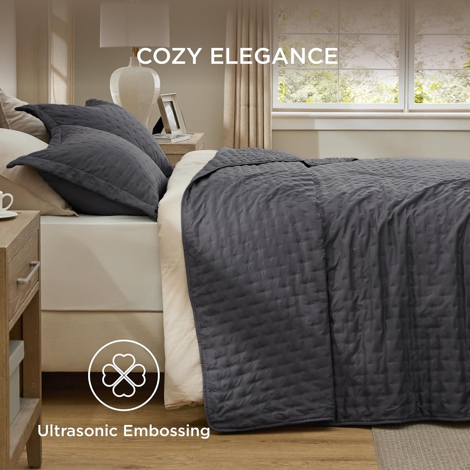 image:imageBedsure Quilts Queen Size Bedspread Thin Comforter Charcoal Coverlet AllSeason Bedding Soft Modern Clover Pattern StitchFree QuiltTech PetFriendly Machine Washable 90x96in 3 Pcs19 Charcoal Clover