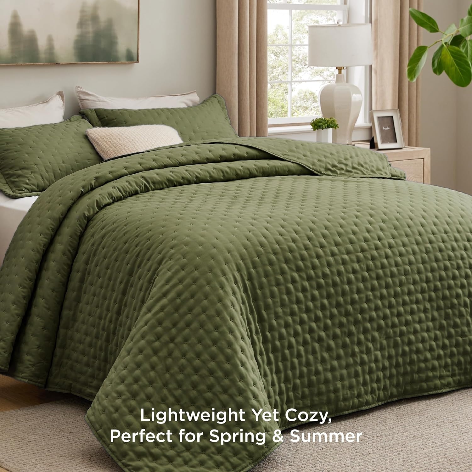 image:imageBedsure Quilts Queen Size Bedspread Thin Comforter Charcoal Coverlet AllSeason Bedding Soft Modern Clover Pattern StitchFree QuiltTech PetFriendly Machine Washable 90x96in 3 Pcs18 Olive Green Clover