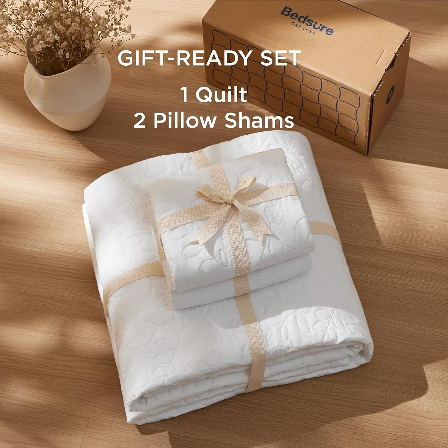 image:imageBedsure Quilts Queen Size Bedspread Thin Comforter Charcoal Coverlet AllSeason Bedding Soft Modern Clover Pattern StitchFree QuiltTech PetFriendly Machine Washable 90x96in 3 Pcs17 Bright White Leaf