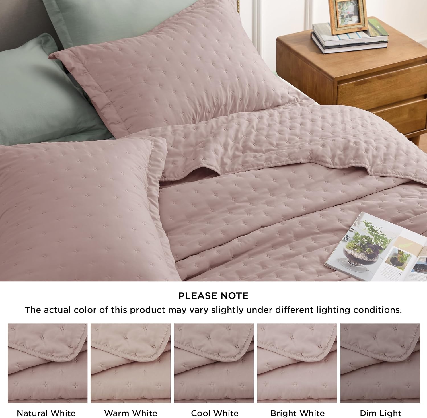 image:imageBedsure Quilts Queen Size Bedspread Thin Comforter Charcoal Coverlet AllSeason Bedding Soft Modern Clover Pattern StitchFree QuiltTech PetFriendly Machine Washable 90x96in 3 Pcs16 Dusty Rose Clover