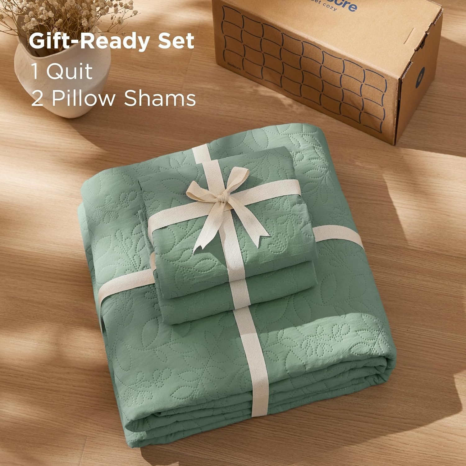 image:imageBedsure Quilts Queen Size Bedspread Thin Comforter Charcoal Coverlet AllSeason Bedding Soft Modern Clover Pattern StitchFree QuiltTech PetFriendly Machine Washable 90x96in 3 Pcs09 Sage Green Leaf