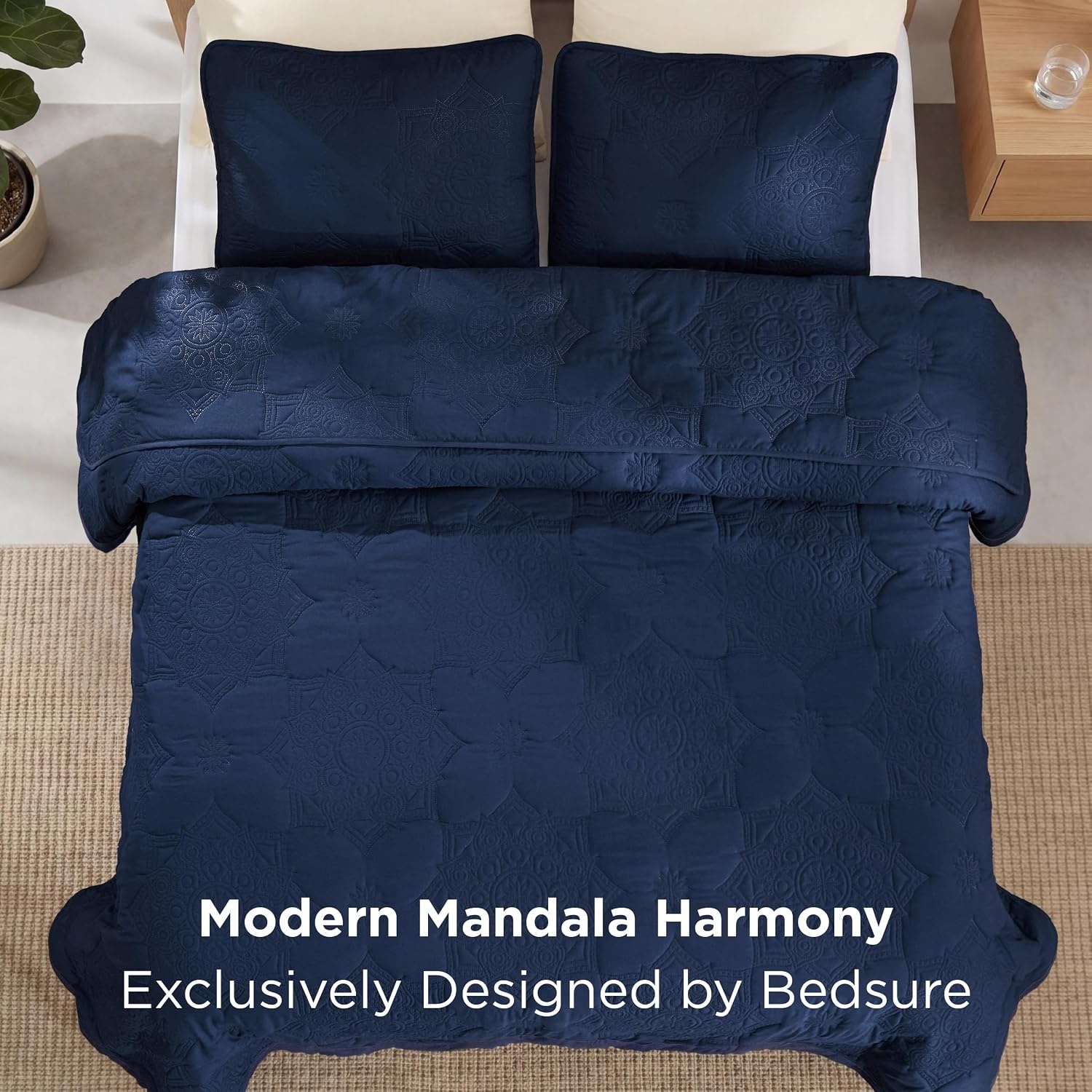 image:imageBedsure Quilts Queen Size Bedspread Thin Comforter Charcoal Coverlet AllSeason Bedding Soft Modern Clover Pattern StitchFree QuiltTech PetFriendly Machine Washable 90x96in 3 Pcs04 Navy Blue Floral
