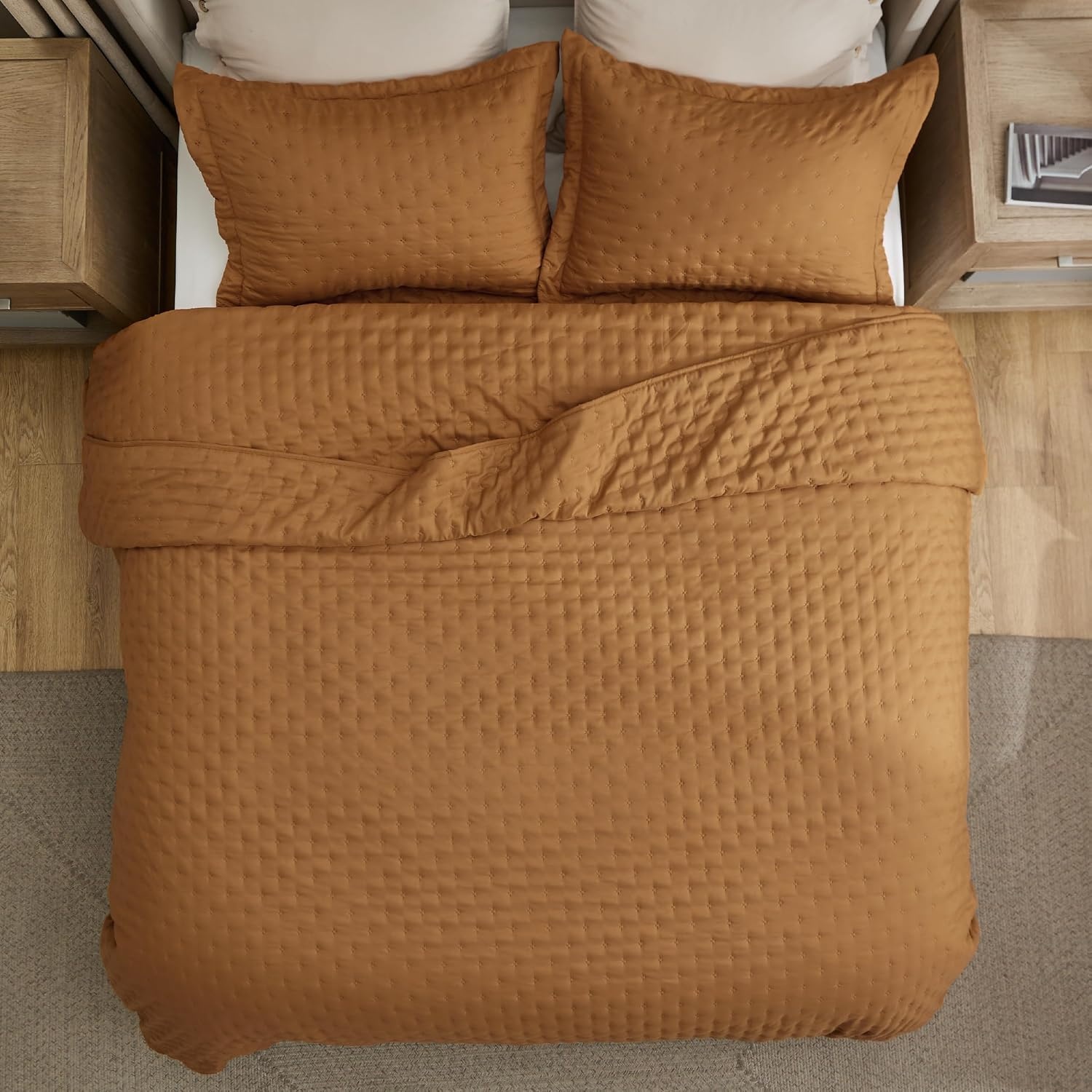 image:imageBedsure Quilts Queen Size Bedspread Thin Comforter Charcoal Coverlet AllSeason Bedding Soft Modern Clover Pattern StitchFree QuiltTech PetFriendly Machine Washable 90x96in 3 Pcs12 Honey Caramel Clover