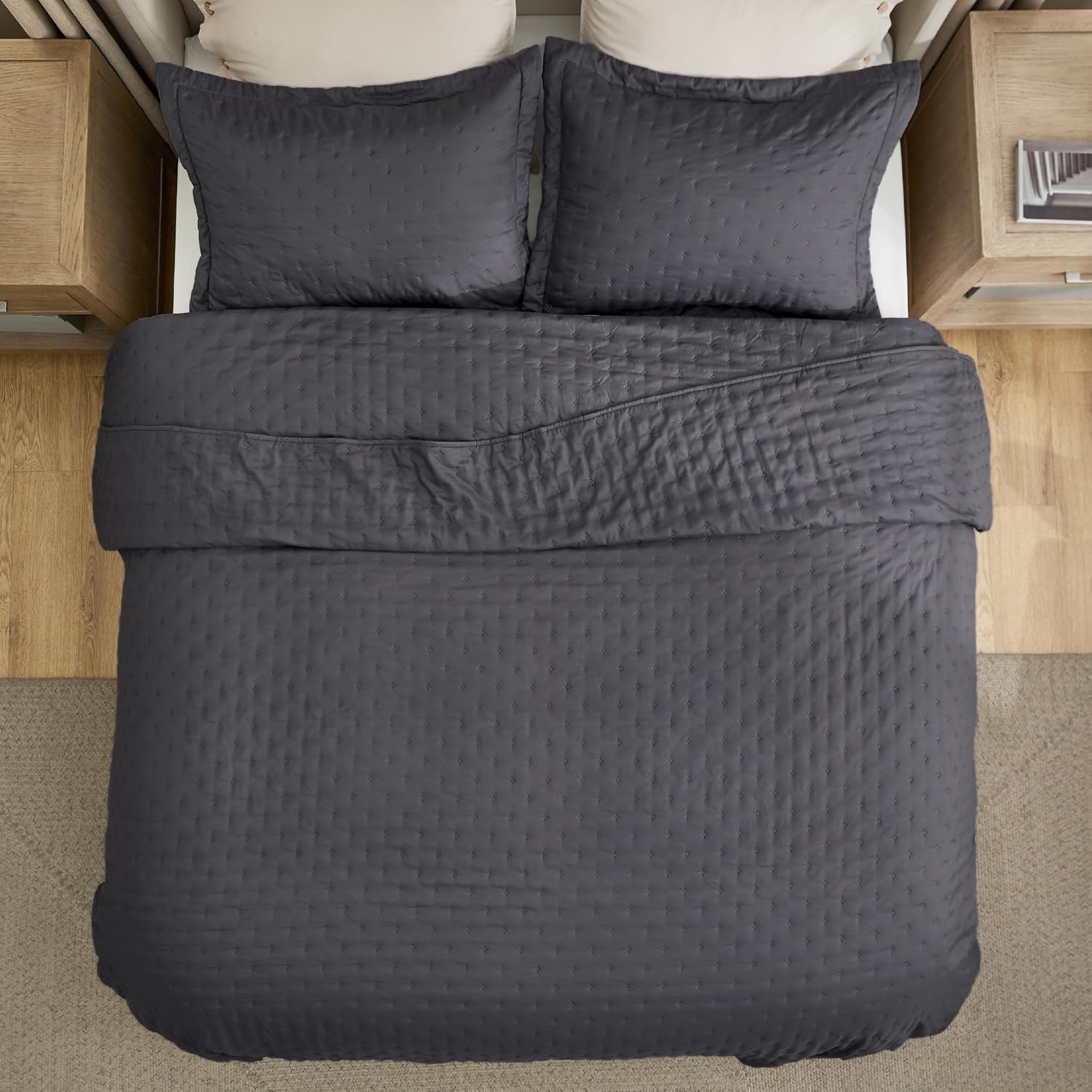 image:imageBedsure Quilts Queen Size Bedspread Thin Comforter Charcoal Coverlet AllSeason Bedding Soft Modern Clover Pattern StitchFree QuiltTech PetFriendly Machine Washable 90x96in 3 Pcs19 Charcoal Clover