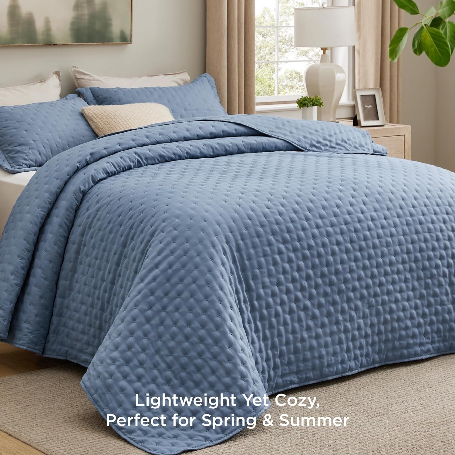 image:imageBedsure Quilts Queen Size Bedspread Thin Comforter Charcoal Coverlet AllSeason Bedding Soft Modern Clover Pattern StitchFree QuiltTech PetFriendly Machine Washable 90x96in 3 Pcs03 Mineral Blue Clover