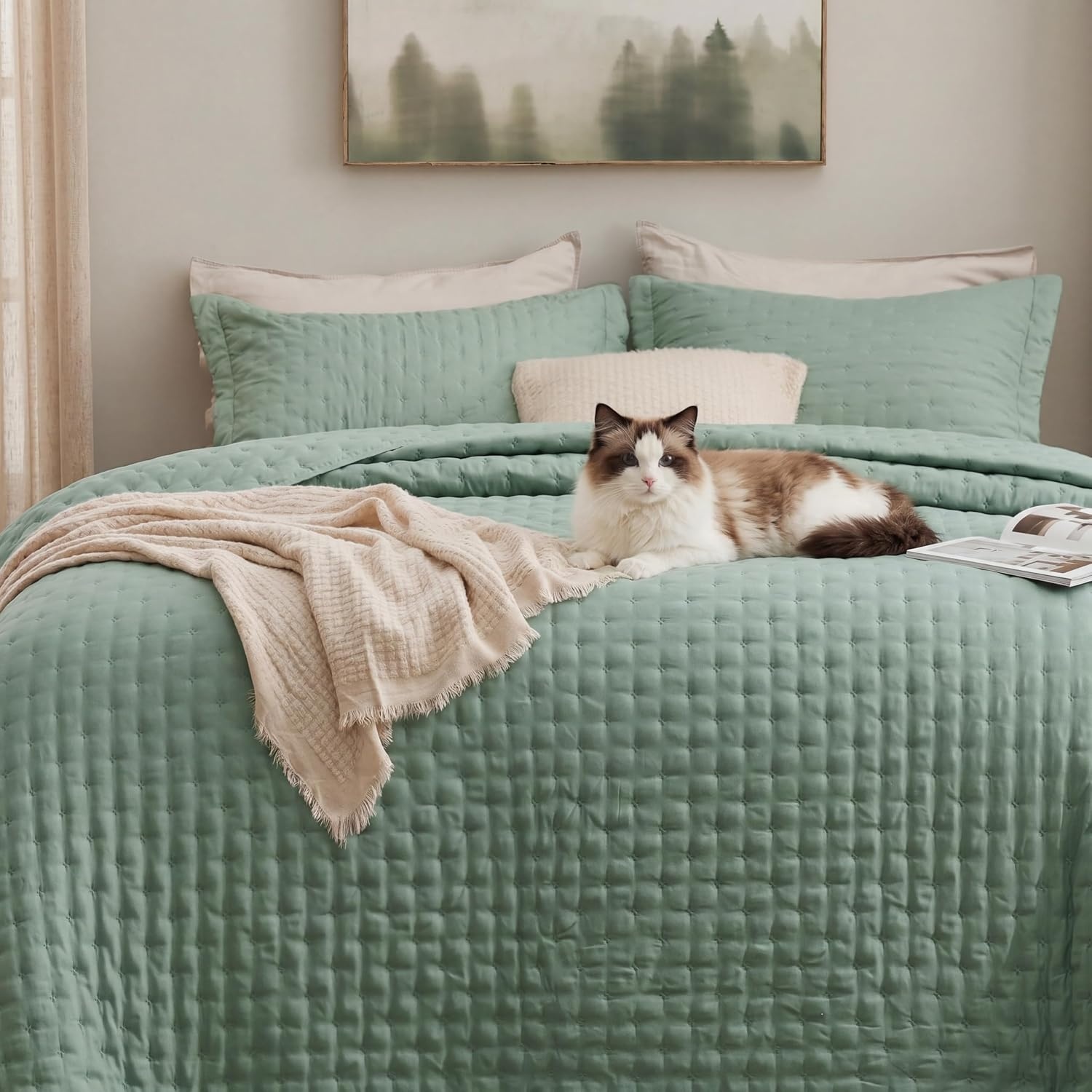 image:imageBedsure Quilts Queen Size Bedspread Thin Comforter Charcoal Coverlet AllSeason Bedding Soft Modern Clover Pattern StitchFree QuiltTech PetFriendly Machine Washable 90x96in 3 Pcs08 Sage Green Clover