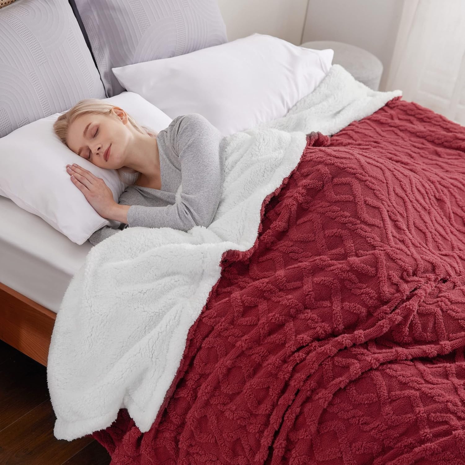 image:imageBedsure Sherpa Fleece Blanket Cable Jacquard Tufted Warm Orange Throw UltraSoft Cozy Comfort Stylish Home Decor for Fall Thick for Winter Ideal for Couch Sofa Gift for Women 50x60 Inches08 Red