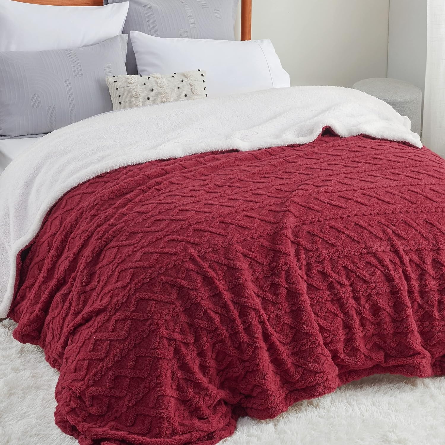 image:imageBedsure Sherpa Fleece Blanket Cable Jacquard Tufted Warm Orange Throw UltraSoft Cozy Comfort Stylish Home Decor for Fall Thick for Winter Ideal for Couch Sofa Gift for Women 50x60 Inches08 Red