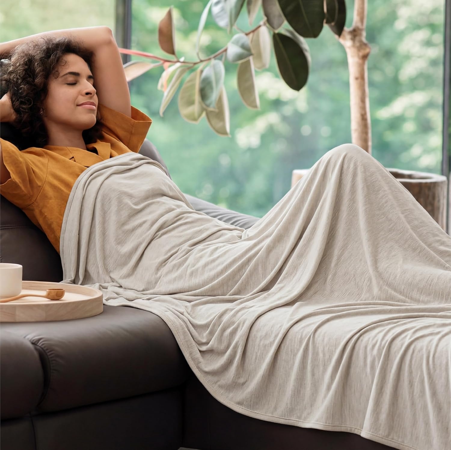 image:imageBedsure Silky Soft Cooling Blanket for Hot Sleepers Throw XL Dark Grey Summer Picnic Travel Outdoor Camping Couch Bed Sofa Chair Rayon Derived from Bamboo Cold Cool Ice Lightweight03 Oat Beige