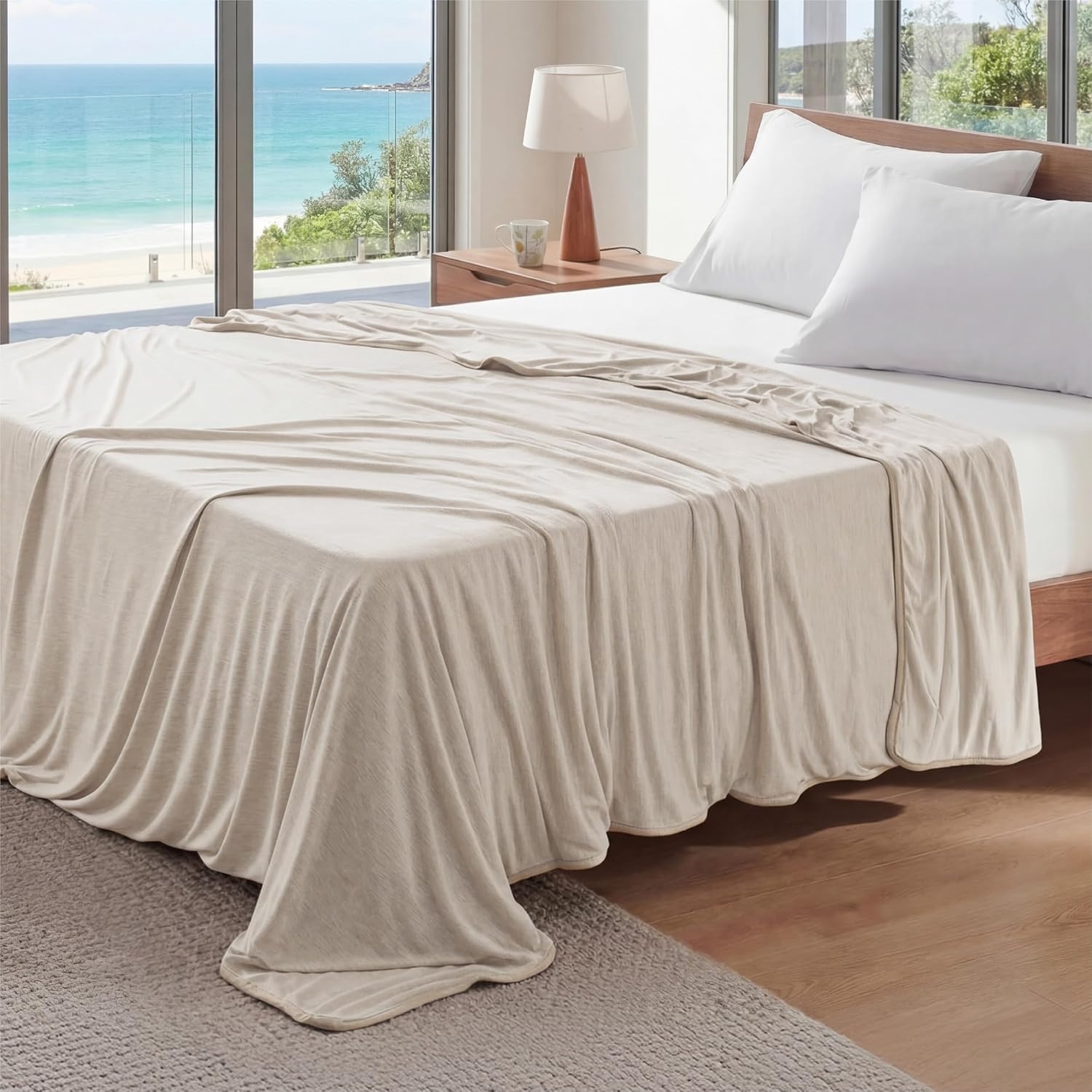 image:imageBedsure Silky Soft Cooling Blanket for Hot Sleepers Throw XL Dark Grey Summer Picnic Travel Outdoor Camping Couch Bed Sofa Chair Rayon Derived from Bamboo Cold Cool Ice Lightweight03 Oat Beige