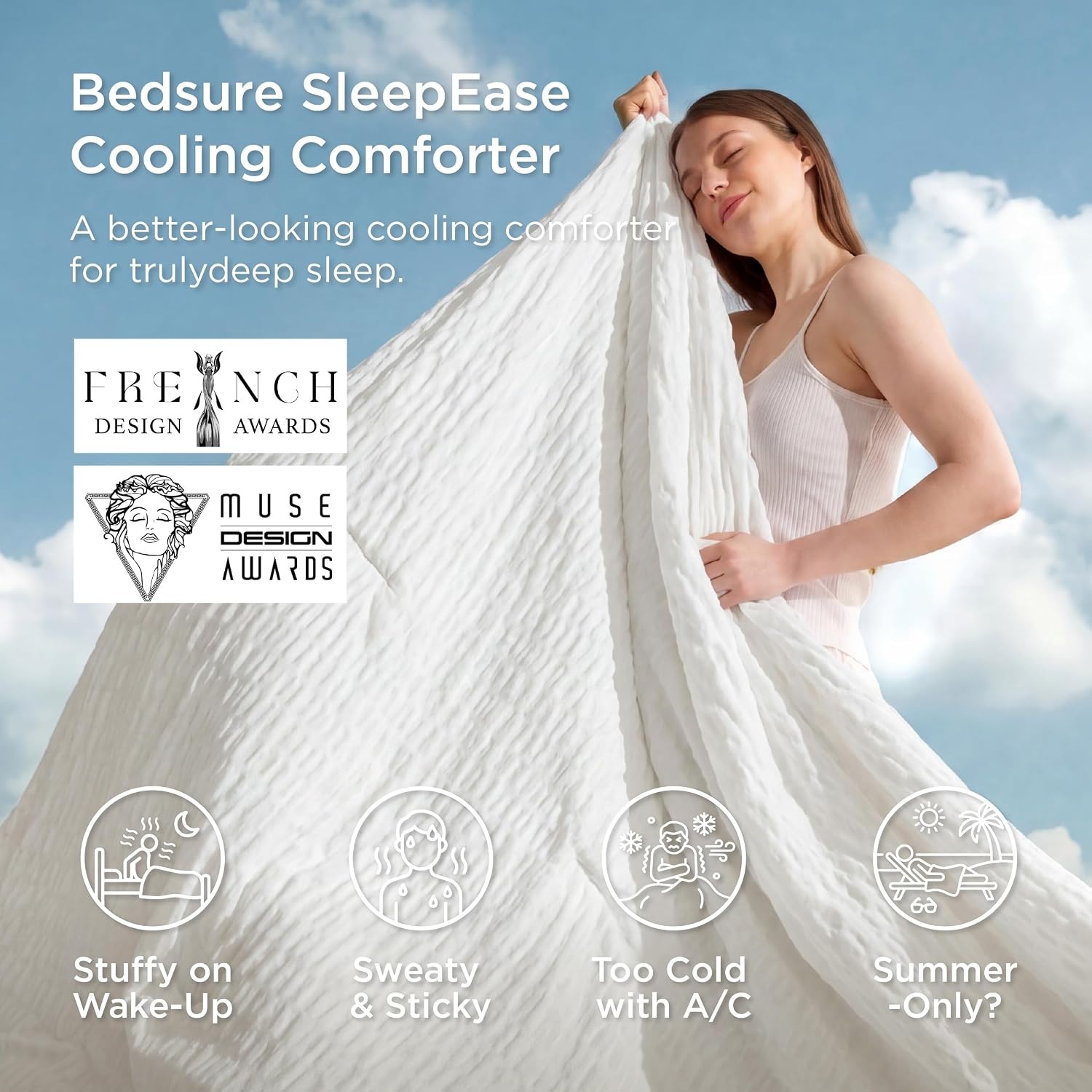 image:imageBedsure SleepEase Cooling Comforter King Size for Summer 3 Pieces White Seersucker Cooling Comforters for Hot Sleepers DoubleSided Cool Tech Bedding Set with 1 Breathable Comforter 2 Pillowcases01 Cloud White