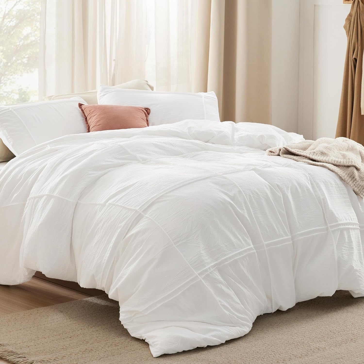 image:imageBedsure Textured Duvet Cover King Size Soft amp Breathable Comforter Cover for All Season 3 Pieces WrinkleResistant Zipper Bedding with 8 Corner Ties Olive Green34 White Grid No Comforter
