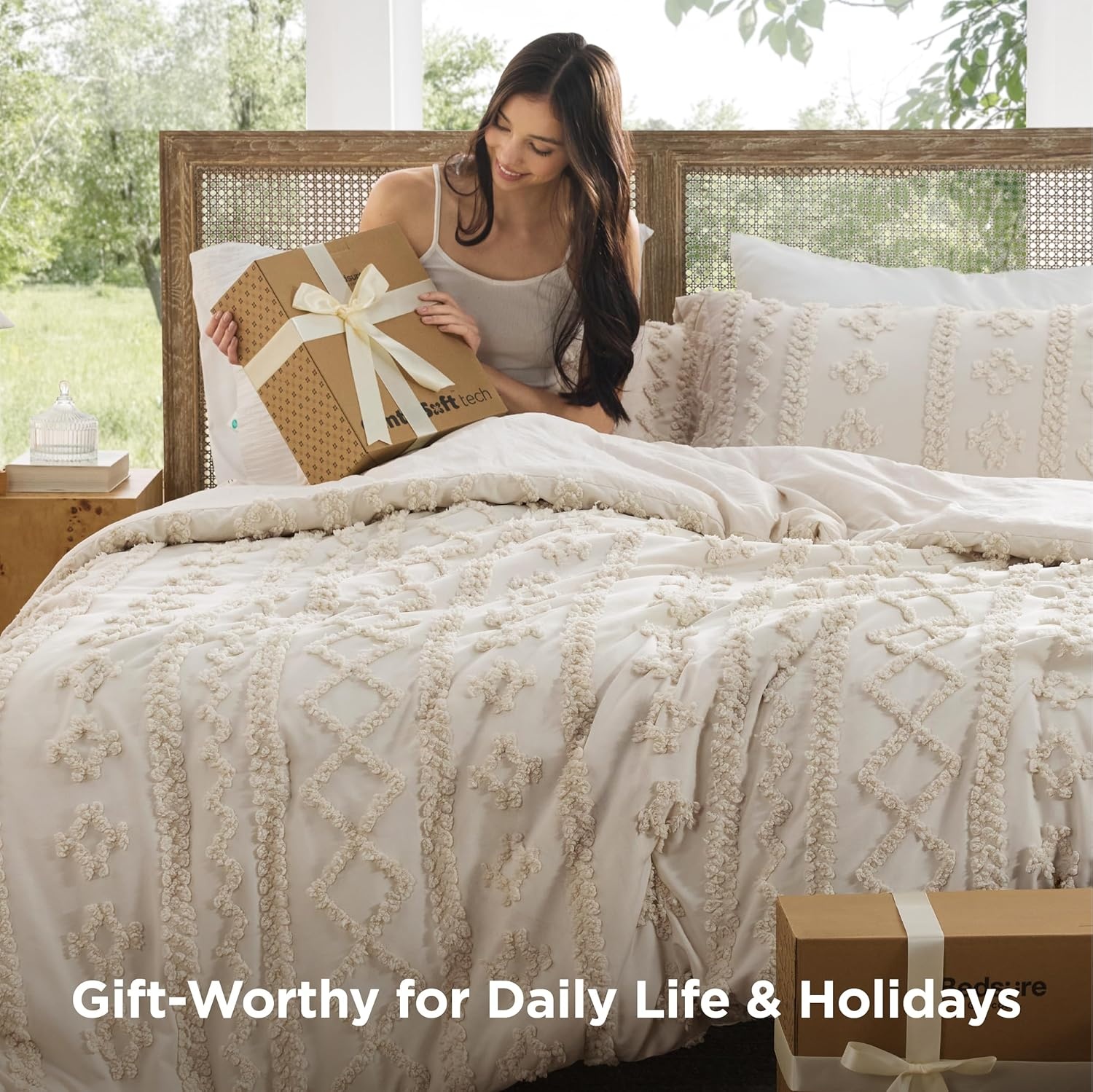image:imageBedsure Tufted Boho Comforter Set Queen Size Beige Boho Bed Set GentleSoft 3 Pieces FarmhouseStyle Embroidery Bedding Gifts for Woman Soft Jacquard Kids Queen Comforter for All Seasons01 Beige Elegant