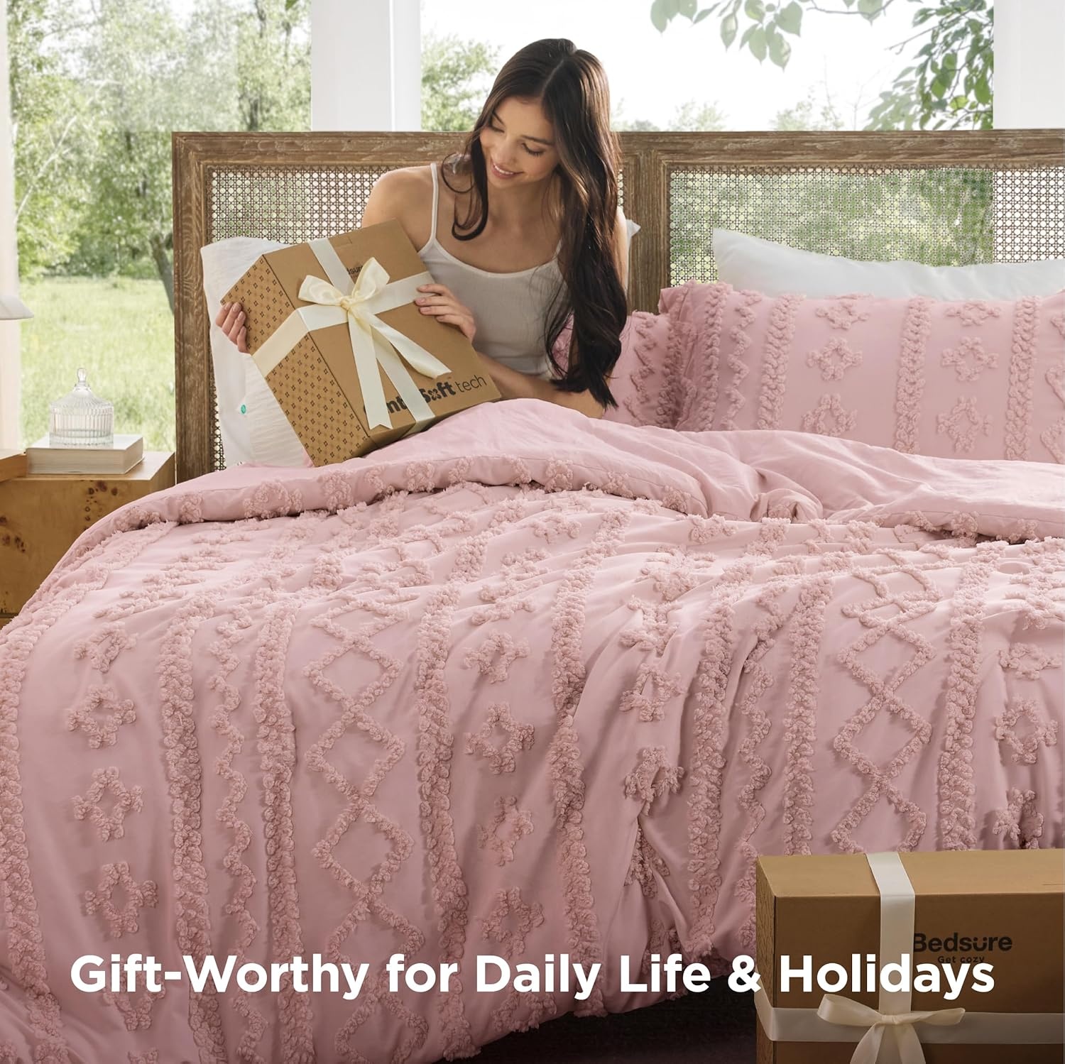 image:imageBedsure Tufted Boho Comforter Set Queen Size Beige Boho Bed Set GentleSoft 3 Pieces FarmhouseStyle Embroidery Bedding Gifts for Woman Soft Jacquard Kids Queen Comforter for All Seasons24 Pink Elegant