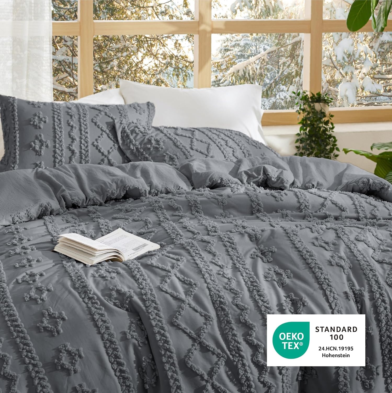 image:imageBedsure Tufted Boho Comforter Set Queen Size Beige Boho Bed Set GentleSoft 3 Pieces FarmhouseStyle Embroidery Bedding Gifts for Woman Soft Jacquard Kids Queen Comforter for All Seasons17 Grey Elegant