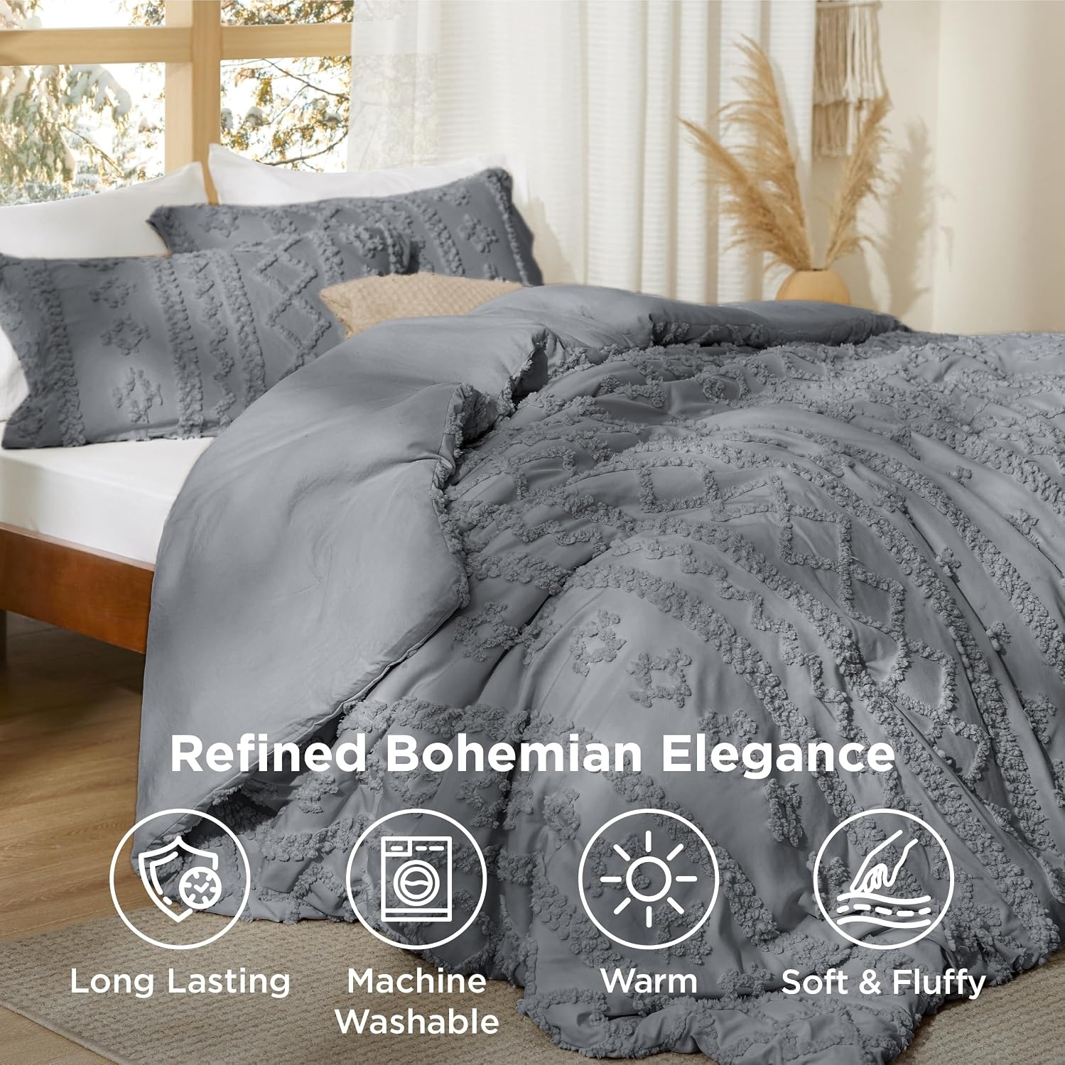 image:imageBedsure Tufted Boho Comforter Set Queen Size Beige Boho Bed Set GentleSoft 3 Pieces FarmhouseStyle Embroidery Bedding Gifts for Woman Soft Jacquard Kids Queen Comforter for All Seasons17 Grey Elegant