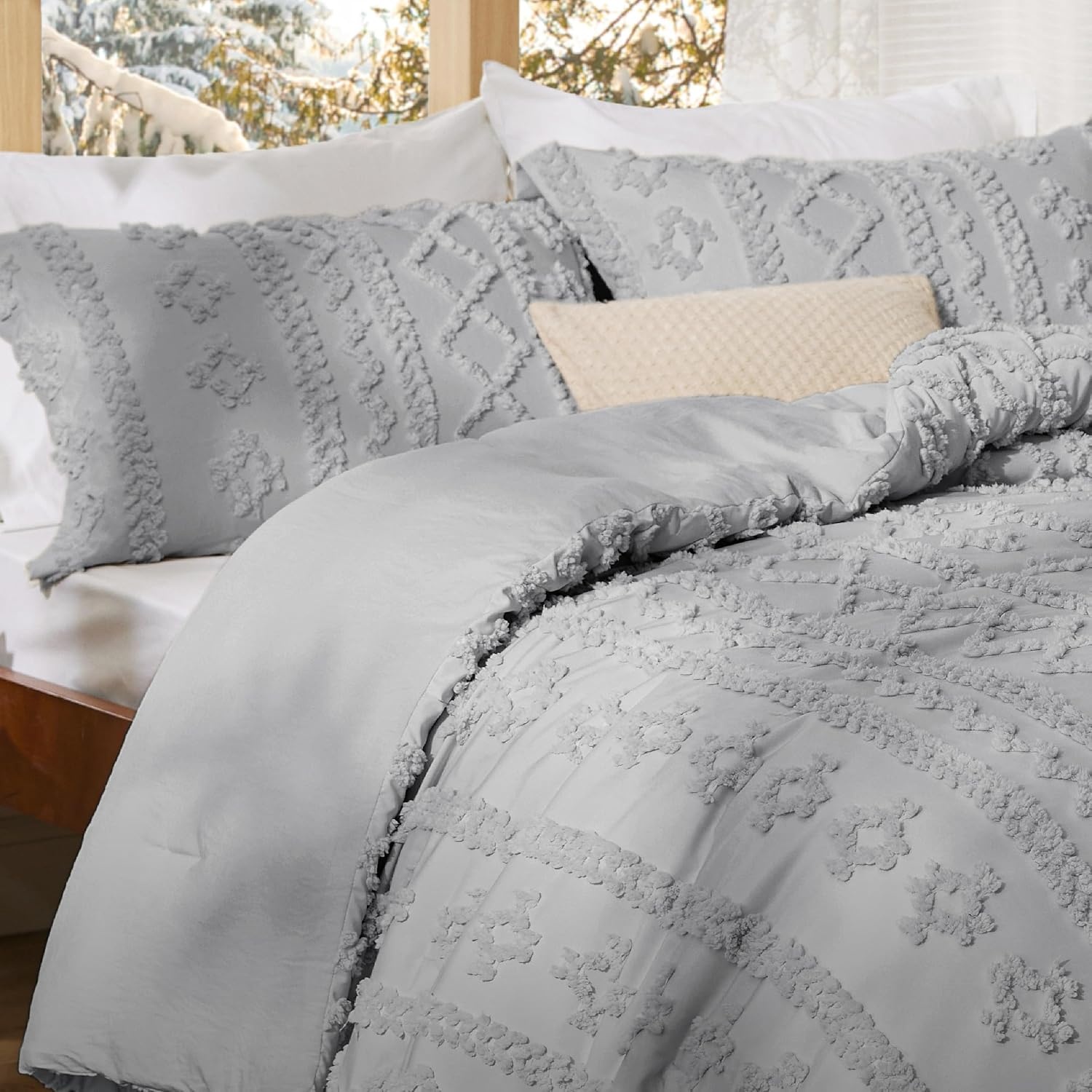 image:imageBedsure Tufted Boho Comforter Set Queen Size Beige Boho Bed Set GentleSoft 3 Pieces FarmhouseStyle Embroidery Bedding Gifts for Woman Soft Jacquard Kids Queen Comforter for All Seasons18 Light Grey Elegant