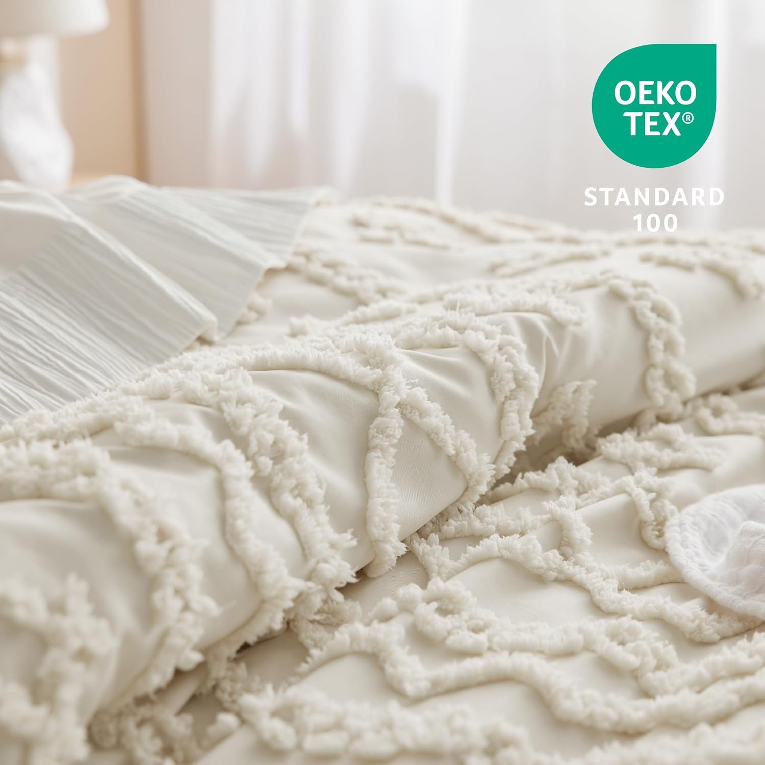 image:imageBedsure Tufted Boho Comforter Set Queen Size Beige Boho Bed Set GentleSoft 3 Pieces FarmhouseStyle Embroidery Bedding Gifts for Woman Soft Jacquard Kids Queen Comforter for All Seasons01 Beige Elegant