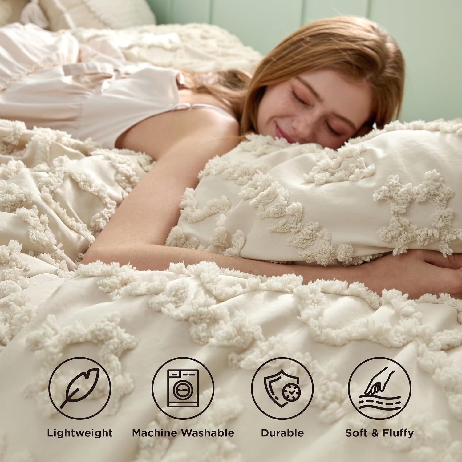 image:imageBedsure Tufted Boho Comforter Set Queen Size Beige Boho Bed Set GentleSoft 3 Pieces FarmhouseStyle Embroidery Bedding Gifts for Woman Soft Jacquard Kids Queen Comforter for All Seasons01 Beige Elegant