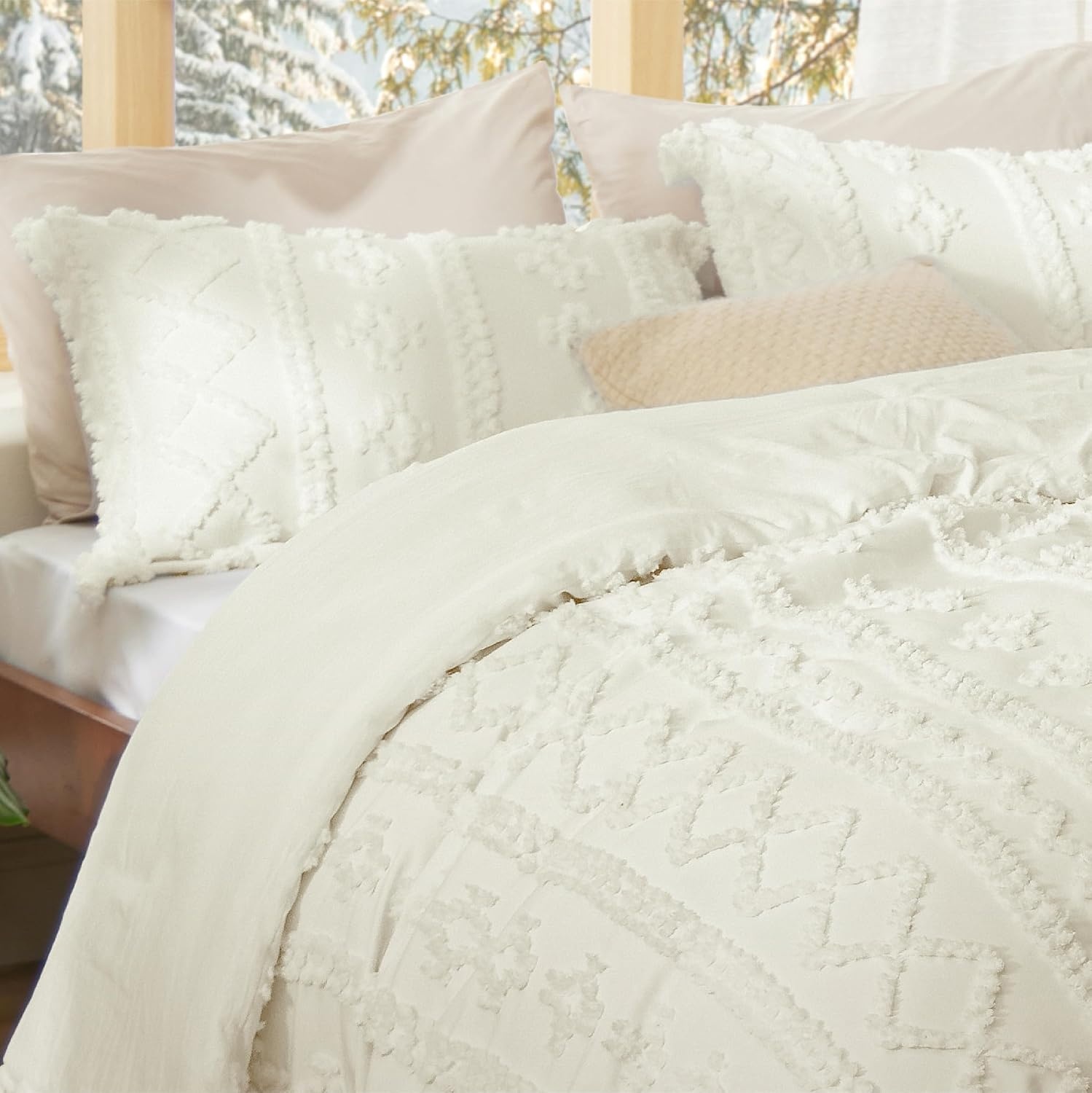 image:imageBedsure Tufted Boho Comforter Set Queen Size Beige Boho Bed Set GentleSoft 3 Pieces FarmhouseStyle Embroidery Bedding Gifts for Woman Soft Jacquard Kids Queen Comforter for All Seasons11 White Elegant