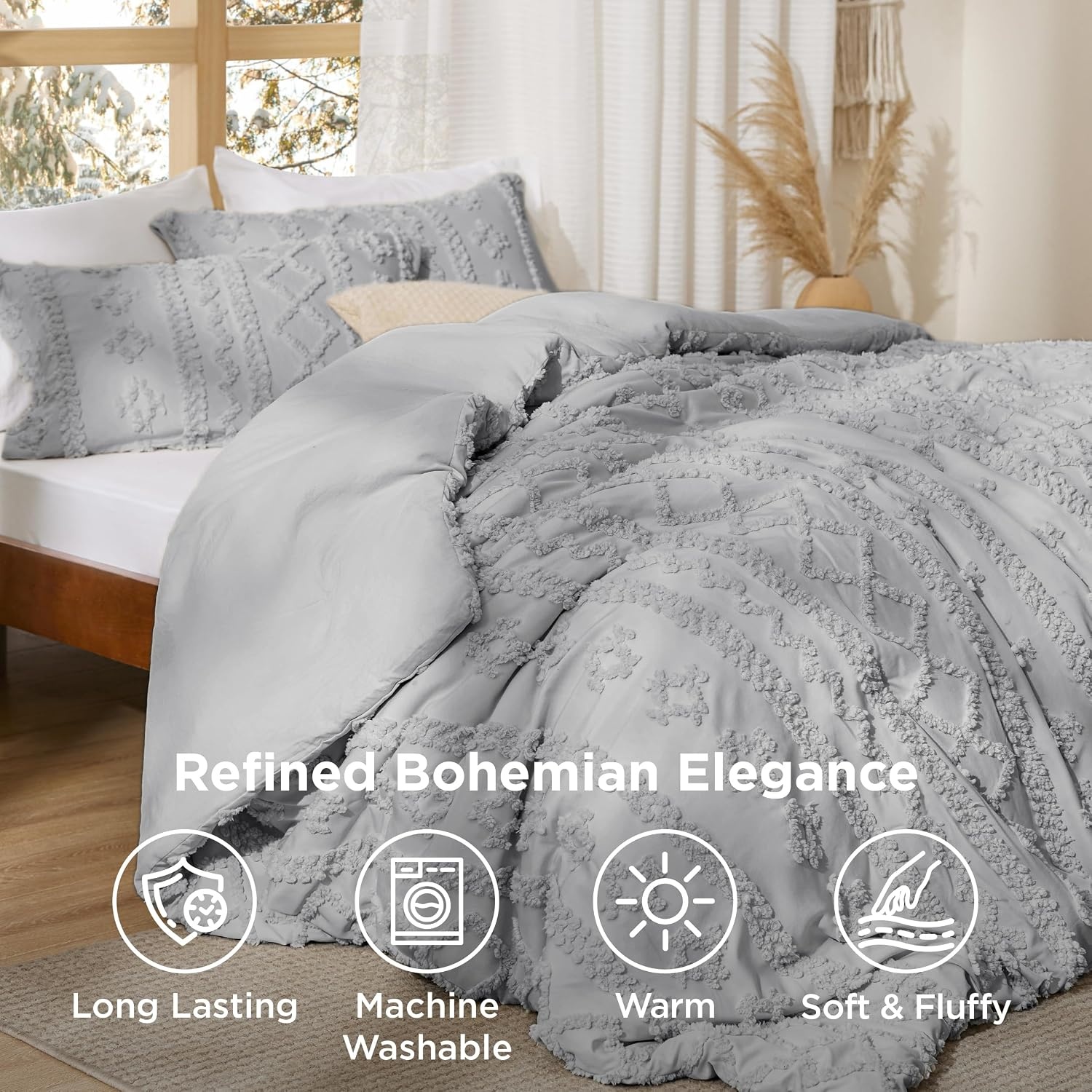 image:imageBedsure Tufted Boho Comforter Set Queen Size Beige Boho Bed Set GentleSoft 3 Pieces FarmhouseStyle Embroidery Bedding Gifts for Woman Soft Jacquard Kids Queen Comforter for All Seasons18 Light Grey Elegant