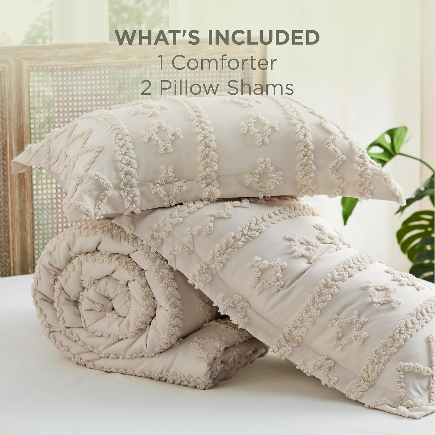 image:imageBedsure Tufted Boho Comforter Set Queen Size Beige Boho Bed Set GentleSoft 3 Pieces FarmhouseStyle Embroidery Bedding Gifts for Woman Soft Jacquard Kids Queen Comforter for All Seasons01 Beige Elegant