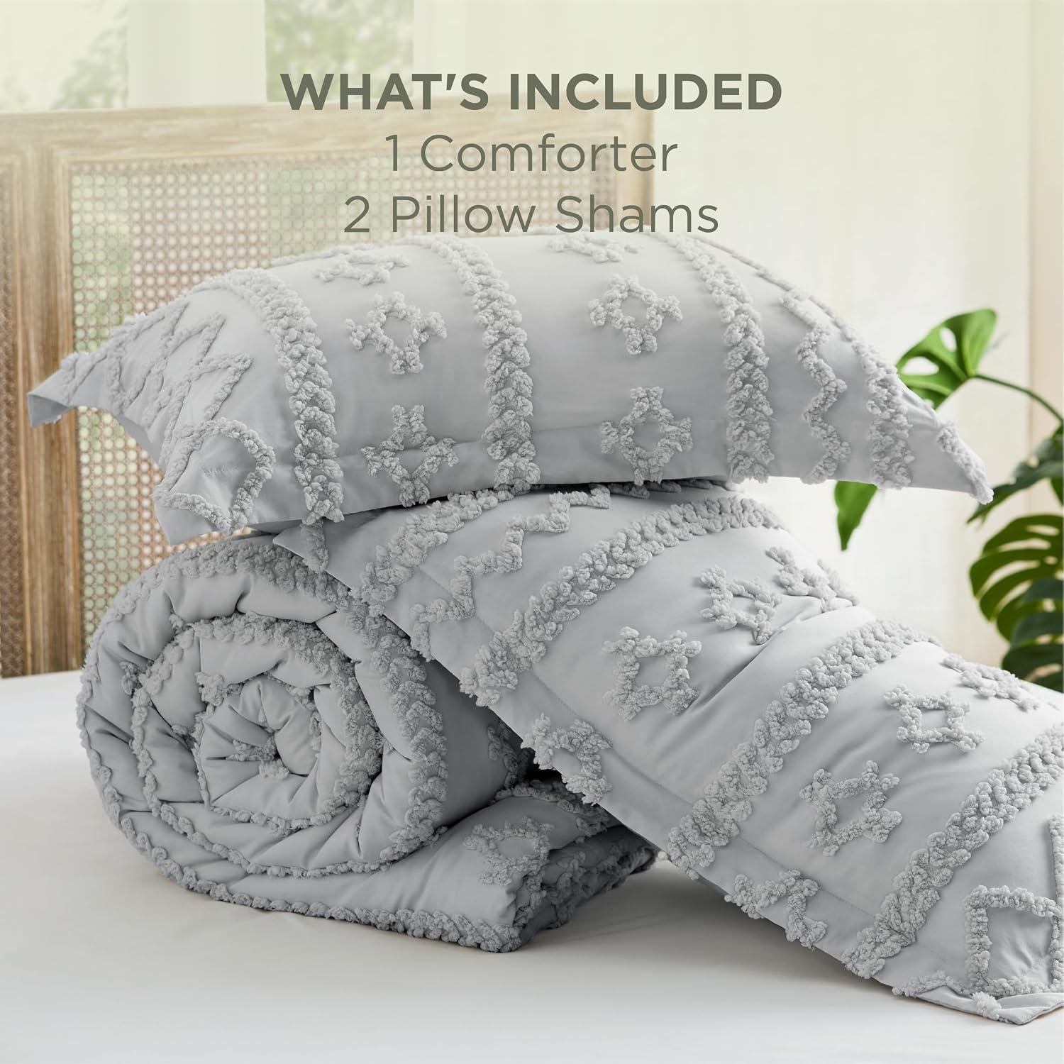 image:imageBedsure Tufted Boho Comforter Set Queen Size Beige Boho Bed Set GentleSoft 3 Pieces FarmhouseStyle Embroidery Bedding Gifts for Woman Soft Jacquard Kids Queen Comforter for All Seasons18 Light Grey Elegant