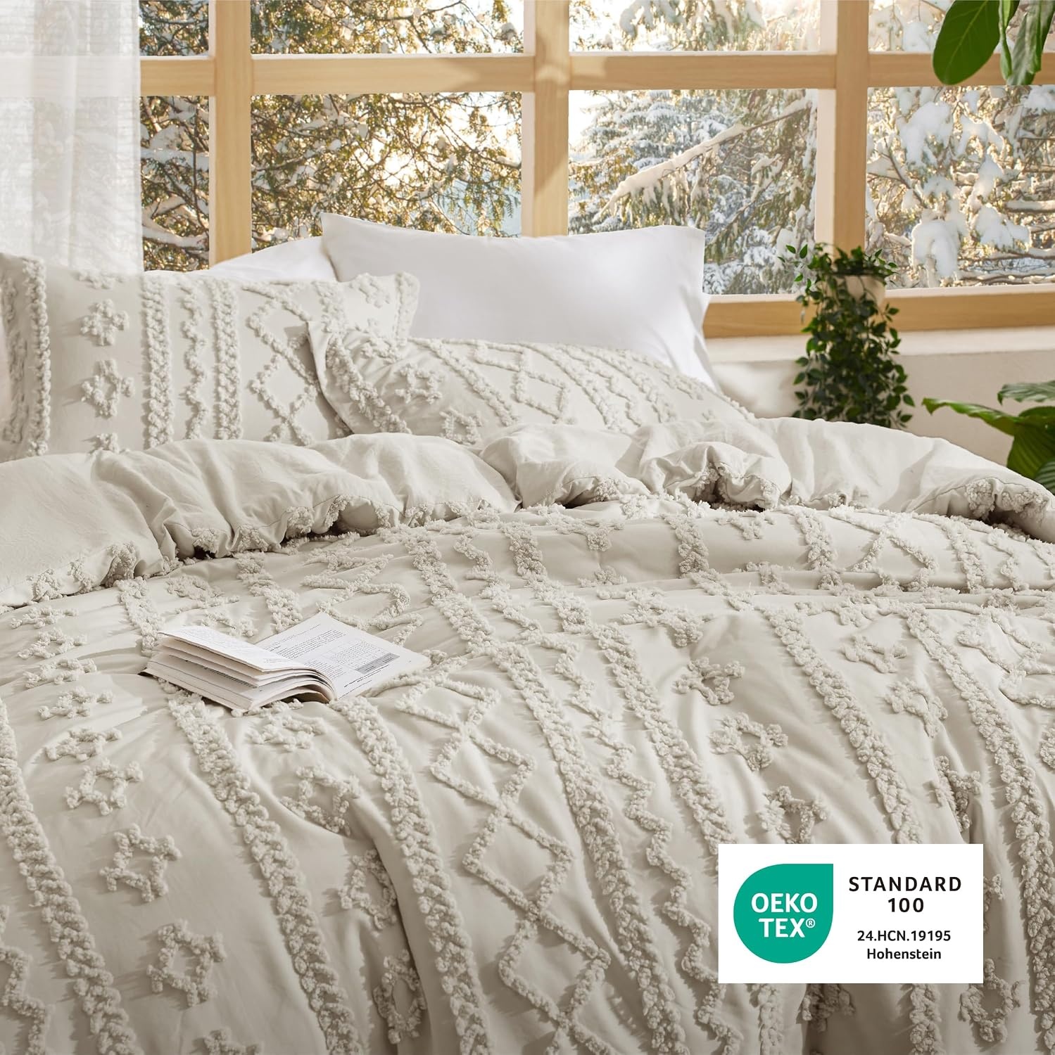 image:imageBedsure Tufted Boho Comforter Set Queen Size Beige Boho Bed Set GentleSoft 3 Pieces FarmhouseStyle Embroidery Bedding Gifts for Woman Soft Jacquard Kids Queen Comforter for All Seasons08 Linen Elegant