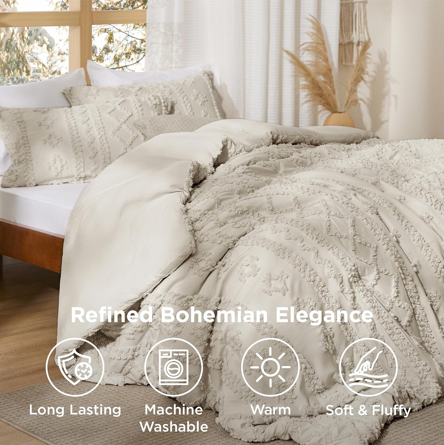 image:imageBedsure Tufted Boho Comforter Set Queen Size Beige Boho Bed Set GentleSoft 3 Pieces FarmhouseStyle Embroidery Bedding Gifts for Woman Soft Jacquard Kids Queen Comforter for All Seasons08 Linen Elegant
