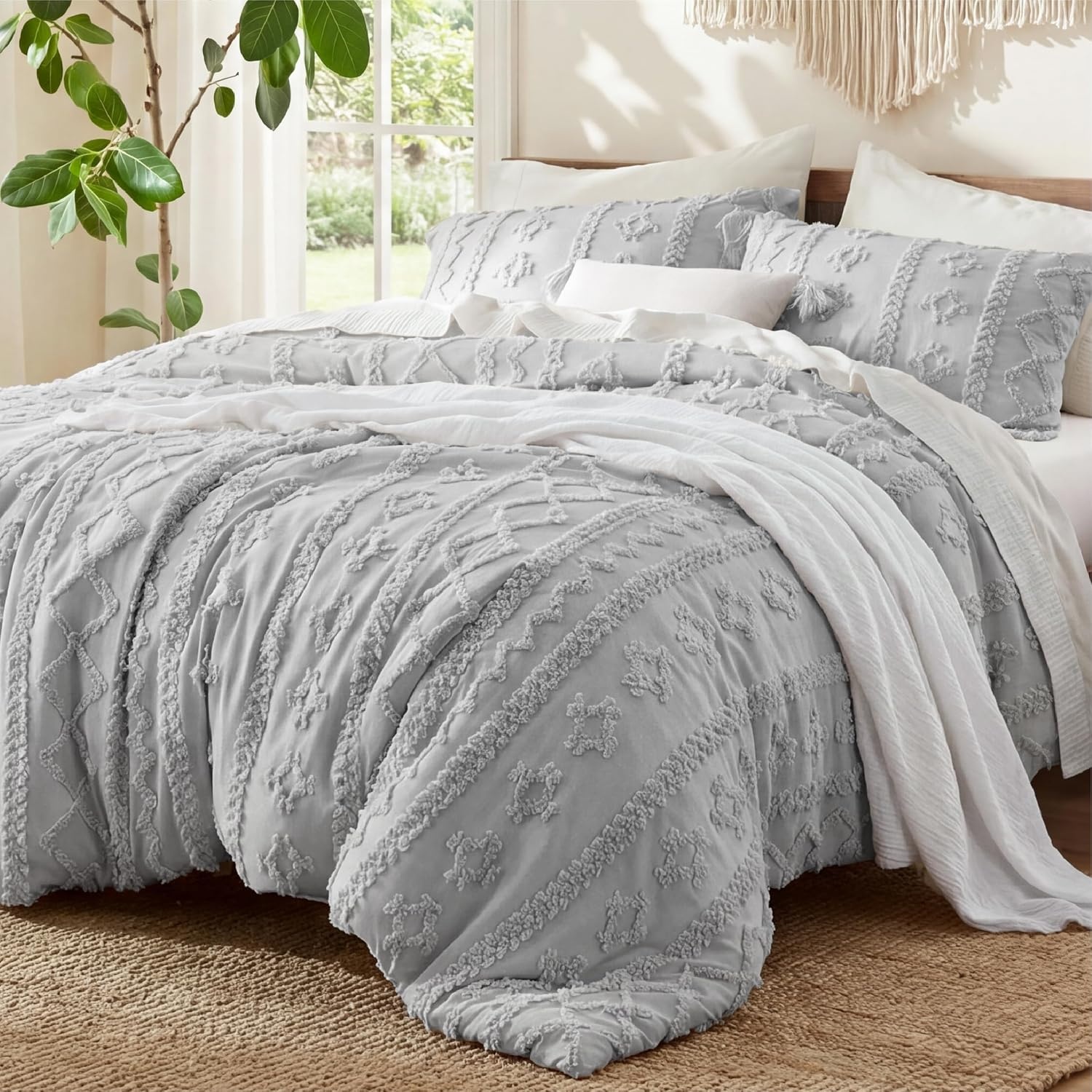 image:imageBedsure Tufted Boho Comforter Set Queen Size Beige Boho Bed Set GentleSoft 3 Pieces FarmhouseStyle Embroidery Bedding Gifts for Woman Soft Jacquard Kids Queen Comforter for All Seasons18 Light Grey Elegant