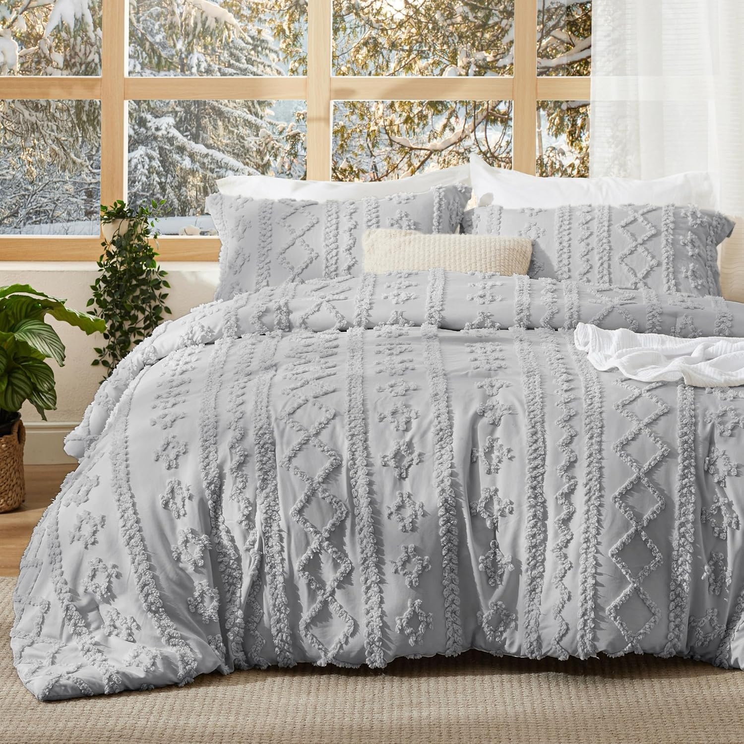 image:imageBedsure Tufted Boho Comforter Set Queen Size Beige Boho Bed Set GentleSoft 3 Pieces FarmhouseStyle Embroidery Bedding Gifts for Woman Soft Jacquard Kids Queen Comforter for All Seasons18 Light Grey Elegant