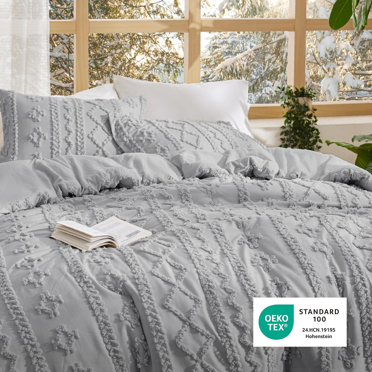 image:imageBedsure Tufted Boho Comforter Set Queen Size Beige Boho Bed Set GentleSoft 3 Pieces FarmhouseStyle Embroidery Bedding Gifts for Woman Soft Jacquard Kids Queen Comforter for All Seasons18 Light Grey Elegant