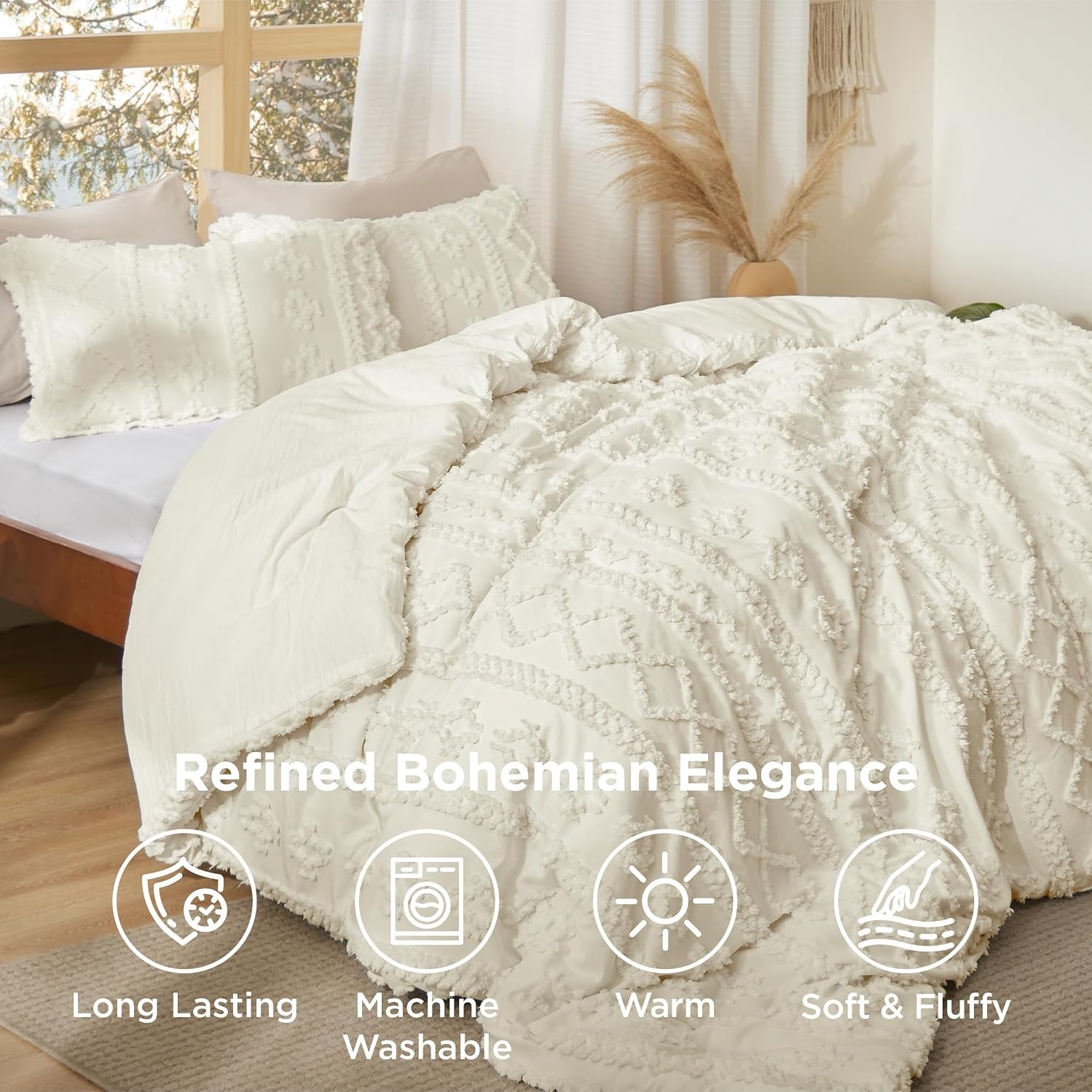 image:imageBedsure Tufted Boho Comforter Set Queen Size Beige Boho Bed Set GentleSoft 3 Pieces FarmhouseStyle Embroidery Bedding Gifts for Woman Soft Jacquard Kids Queen Comforter for All Seasons11 White Elegant
