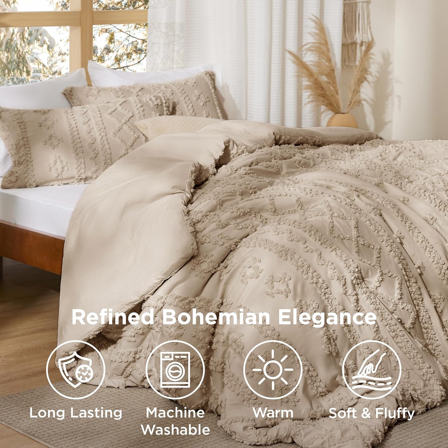 image:imageBedsure Tufted Boho Comforter Set Queen Size Beige Boho Bed Set GentleSoft 3 Pieces FarmhouseStyle Embroidery Bedding Gifts for Woman Soft Jacquard Kids Queen Comforter for All Seasons09 Light Brown Elegant