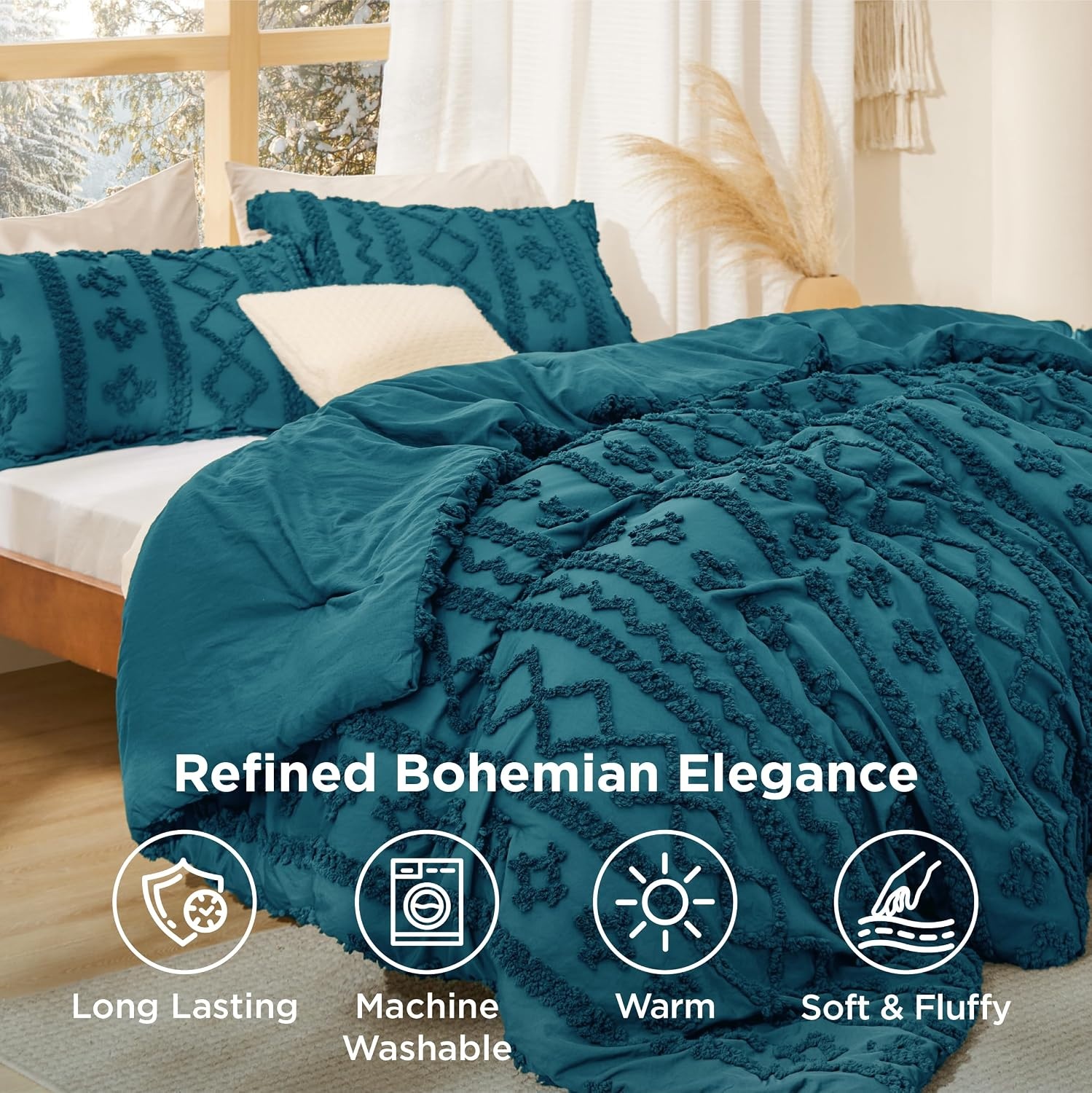 image:imageBedsure Tufted Boho Comforter Set Queen Size Beige Boho Bed Set GentleSoft 3 Pieces FarmhouseStyle Embroidery Bedding Gifts for Woman Soft Jacquard Kids Queen Comforter for All Seasons16 Teal Elegant