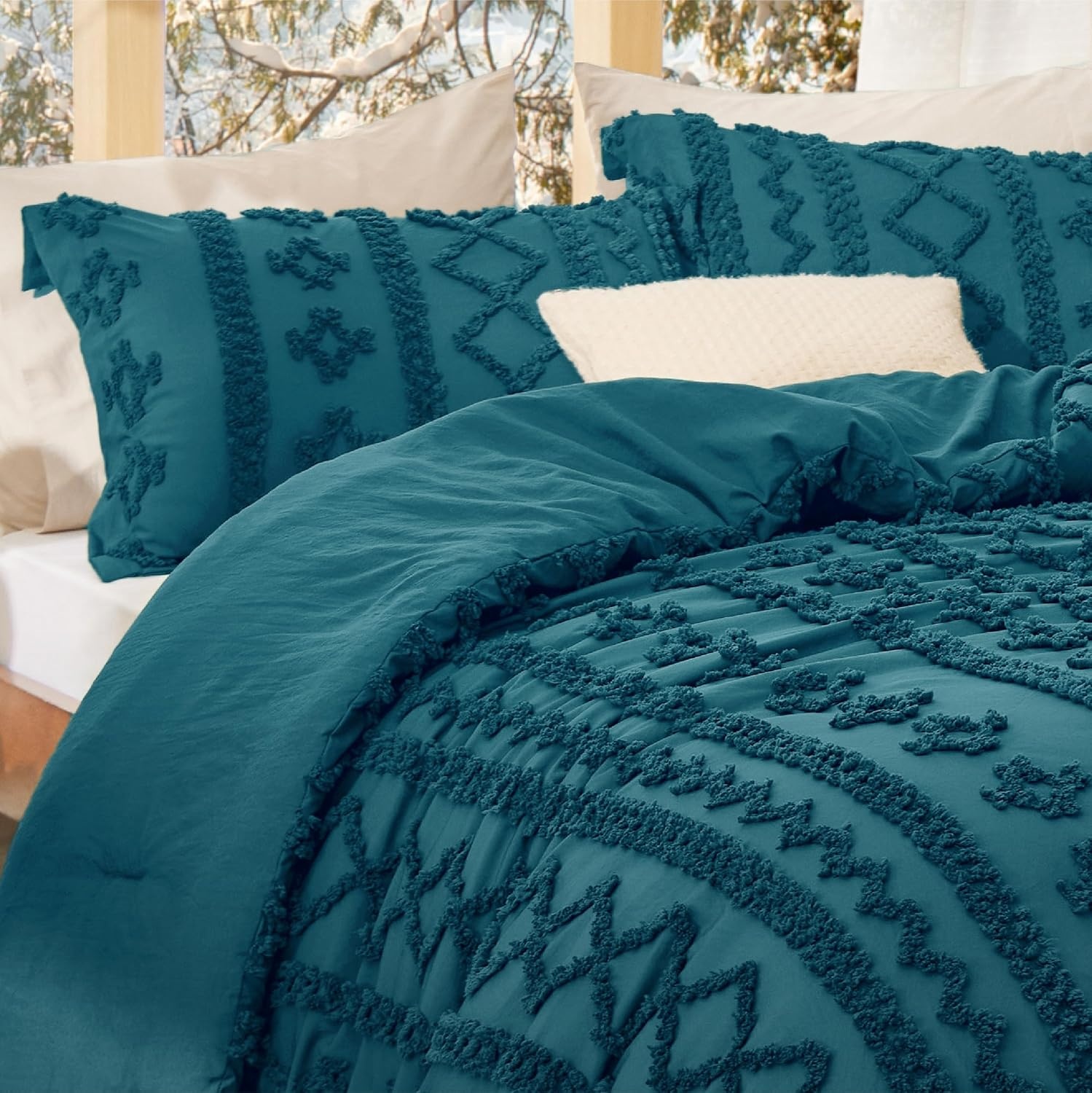 image:imageBedsure Tufted Boho Comforter Set Queen Size Beige Boho Bed Set GentleSoft 3 Pieces FarmhouseStyle Embroidery Bedding Gifts for Woman Soft Jacquard Kids Queen Comforter for All Seasons16 Teal Elegant