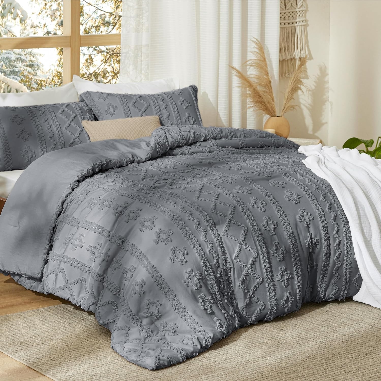 image:imageBedsure Tufted Boho Comforter Set Queen Size Beige Boho Bed Set GentleSoft 3 Pieces FarmhouseStyle Embroidery Bedding Gifts for Woman Soft Jacquard Kids Queen Comforter for All Seasons17 Grey Elegant