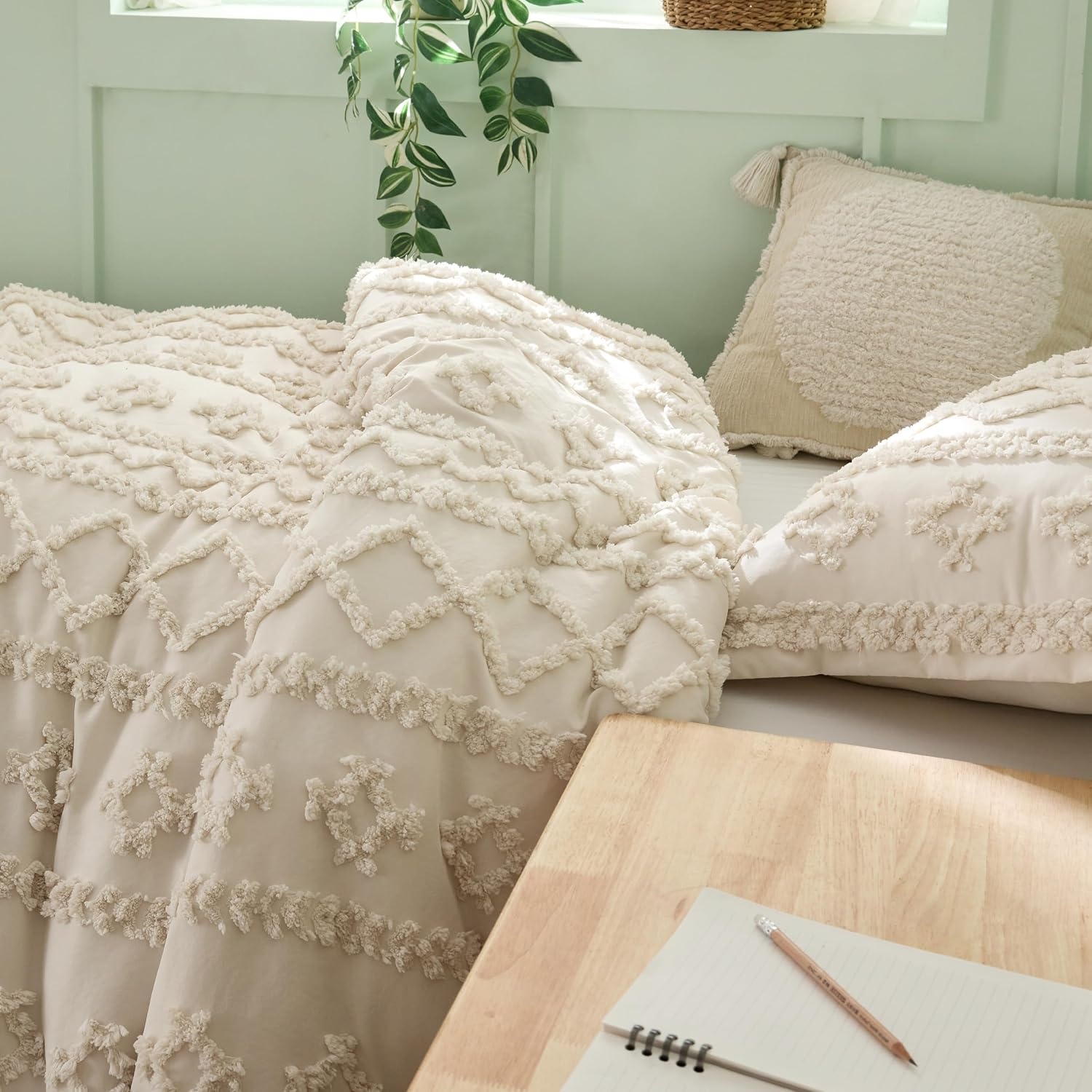 image:imageBedsure Tufted Boho Comforter Set Queen Size Beige Boho Bed Set GentleSoft 3 Pieces FarmhouseStyle Embroidery Bedding Gifts for Woman Soft Jacquard Kids Queen Comforter for All Seasons01 Beige Elegant