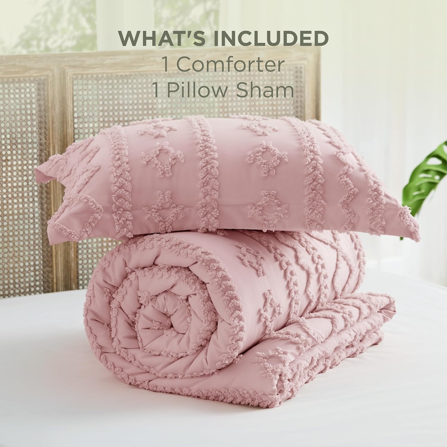 image:imageBedsure Tufted Boho Comforter Set Queen Size Beige Boho Bed Set GentleSoft 3 Pieces FarmhouseStyle Embroidery Bedding Gifts for Woman Soft Jacquard Kids Queen Comforter for All Seasons24 Pink Elegant