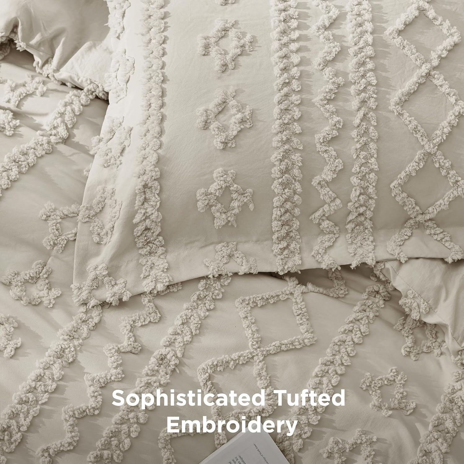 image:imageBedsure Tufted Boho Comforter Set Queen Size Beige Boho Bed Set GentleSoft 3 Pieces FarmhouseStyle Embroidery Bedding Gifts for Woman Soft Jacquard Kids Queen Comforter for All Seasons08 Linen Elegant