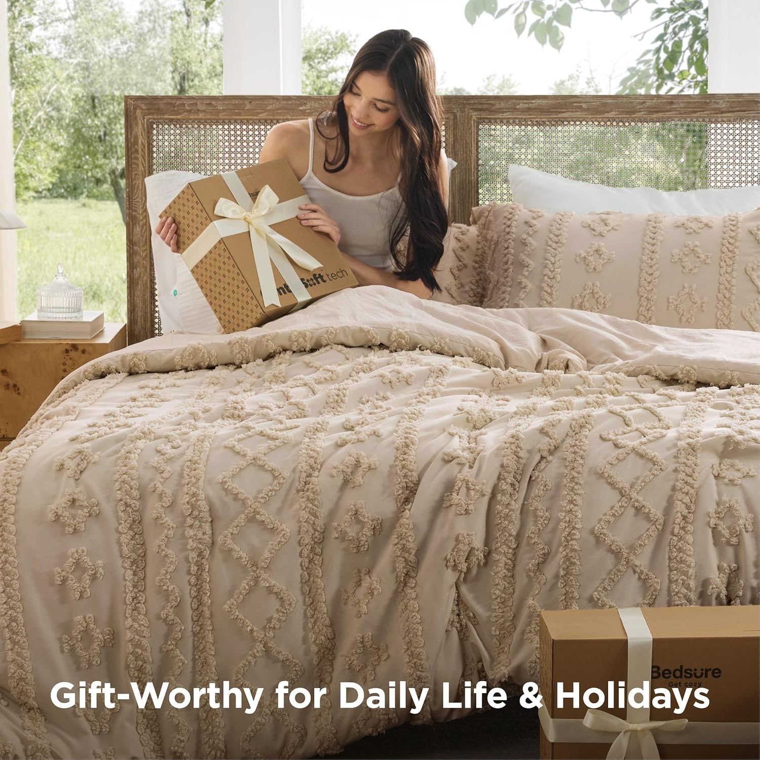 image:imageBedsure Tufted Boho Comforter Set Queen Size Beige Boho Bed Set GentleSoft 3 Pieces FarmhouseStyle Embroidery Bedding Gifts for Woman Soft Jacquard Kids Queen Comforter for All Seasons09 Light Brown Elegant