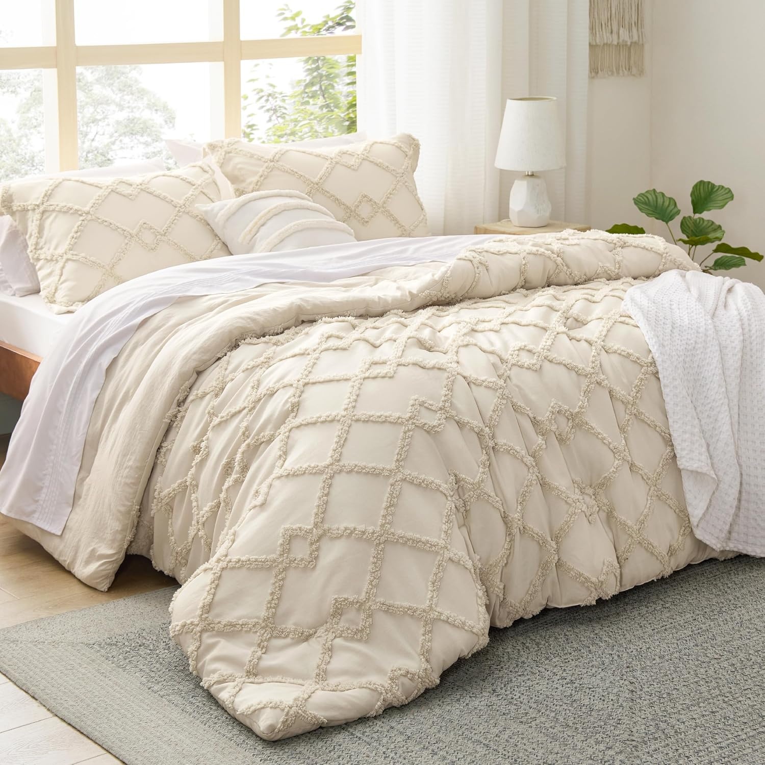 image:imageBedsure Tufted Boho Comforter Set Queen Size Beige Boho Bed Set GentleSoft 3 Pieces FarmhouseStyle Embroidery Bedding Gifts for Woman Soft Jacquard Kids Queen Comforter for All SeasonsBeige and White