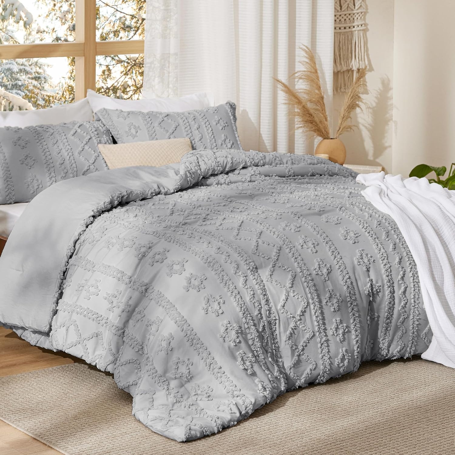 image:imageBedsure Tufted Boho Comforter Set Queen Size Beige Boho Bed Set GentleSoft 3 Pieces FarmhouseStyle Embroidery Bedding Gifts for Woman Soft Jacquard Kids Queen Comforter for All Seasons18 Light Grey Elegant