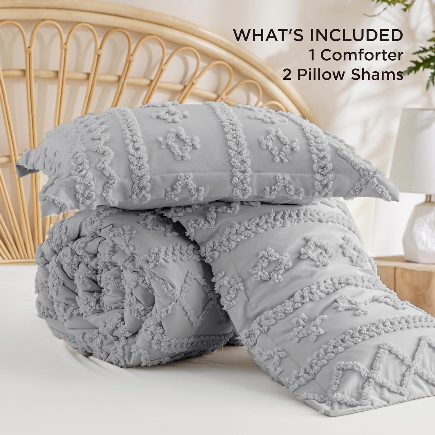 image:imageBedsure Tufted Boho Comforter Set Queen Size Beige Boho Bed Set GentleSoft 3 Pieces FarmhouseStyle Embroidery Bedding Gifts for Woman Soft Jacquard Kids Queen Comforter for All Seasons18 Light Grey Elegant